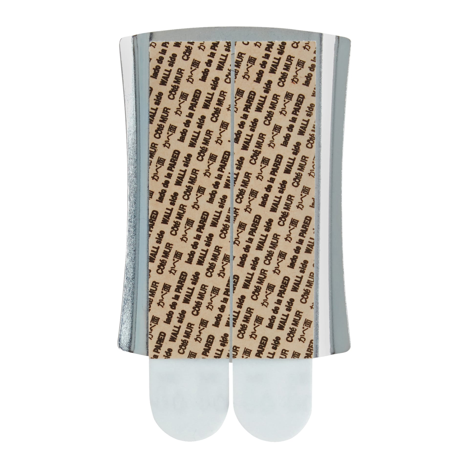 Dwa uniwersalne paznokcie Command Jumbo Sticky Nails z brązowym podkładem są przymocowane do zakrzywionego, błyszczącego srebrnego przedmiotu; Na dole wiszą samoprzylepne zakładki.