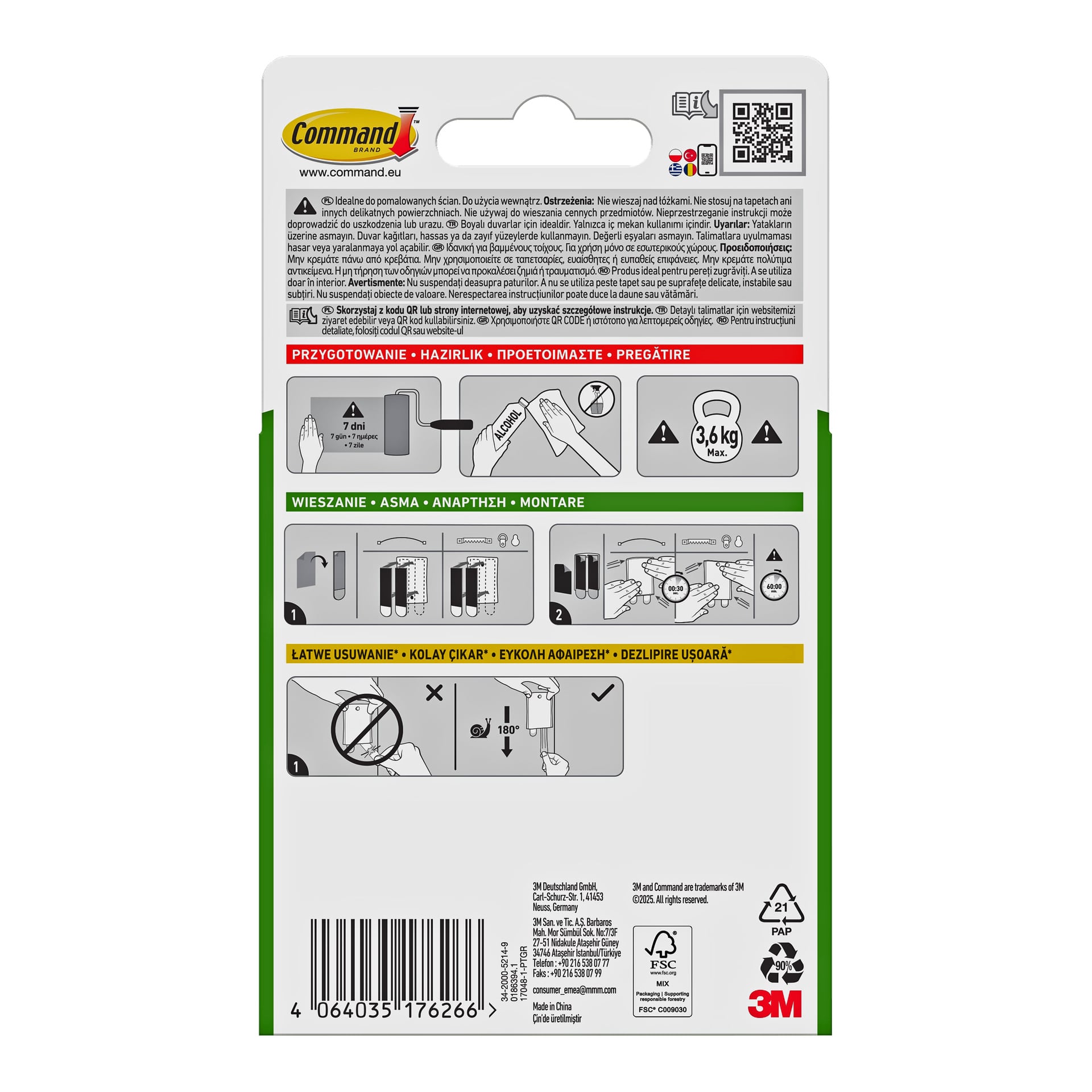 Na odwrocie opakowania Command Jumbo Sticky Nails, kroki użycia/usuwania, diagramy wieszania, limit 3,6 kg, kod kreskowy, markowanie poniżej.