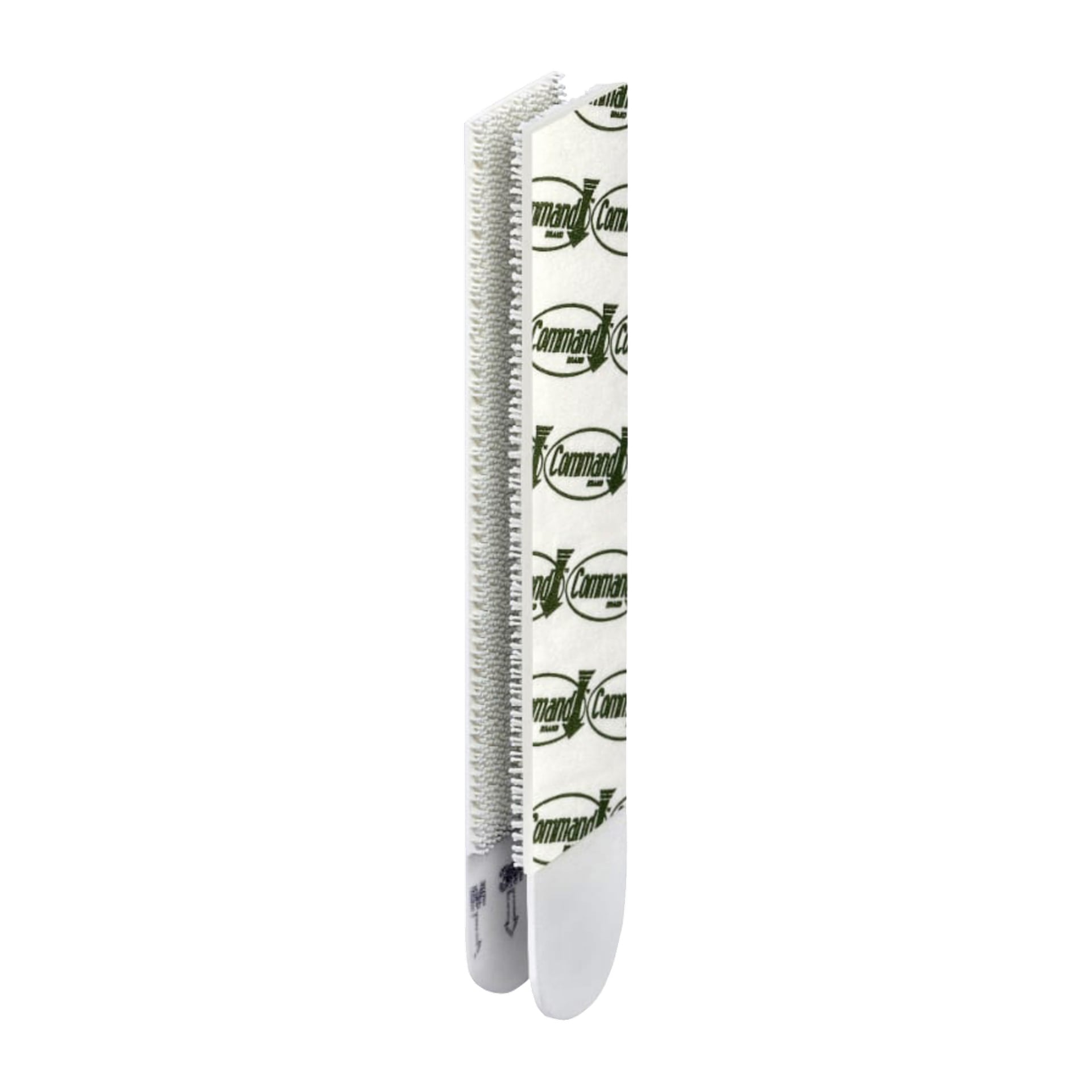 Zbliżenie dwóch pasków Command Large Picture Hanging Strips; Jeden pokazuje stronę z haczykiem i pętlą, drugi pokazuje samoprzylepne podkłady z logotypami.