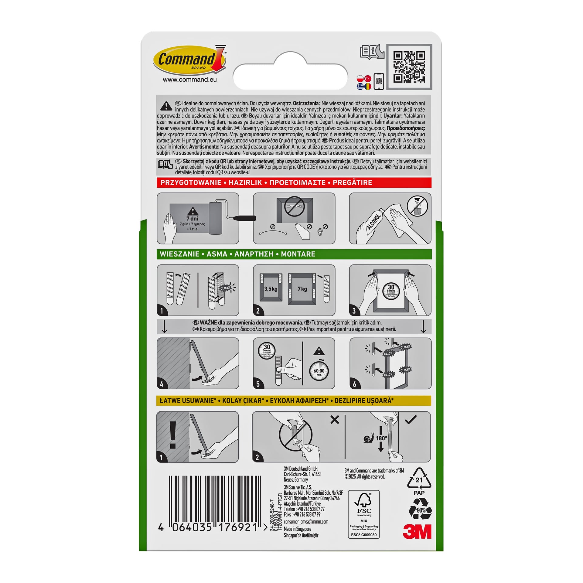 Opakowanie Command Self-Adhesive Picture Strips (duże, 4 pary) z tyłu opakowania z ilustrowanymi instrukcjami i ostrzeżeniami o bezpieczeństwie na górze.