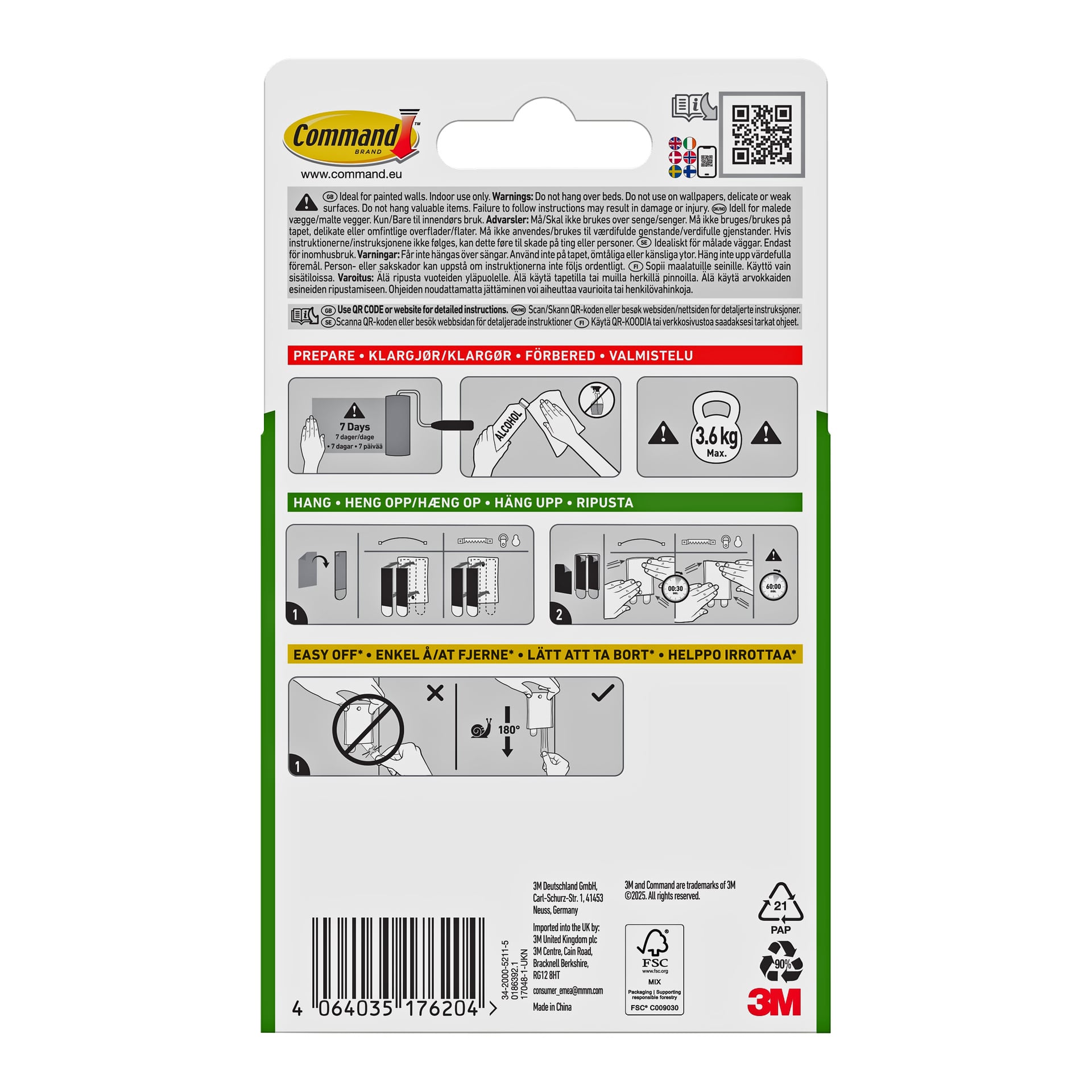 Baksiden av en Command Jumbo Universal Sticky Nail-pakke som viser instruksjoner, diagrammer og ikoner for bruk og begrensninger.