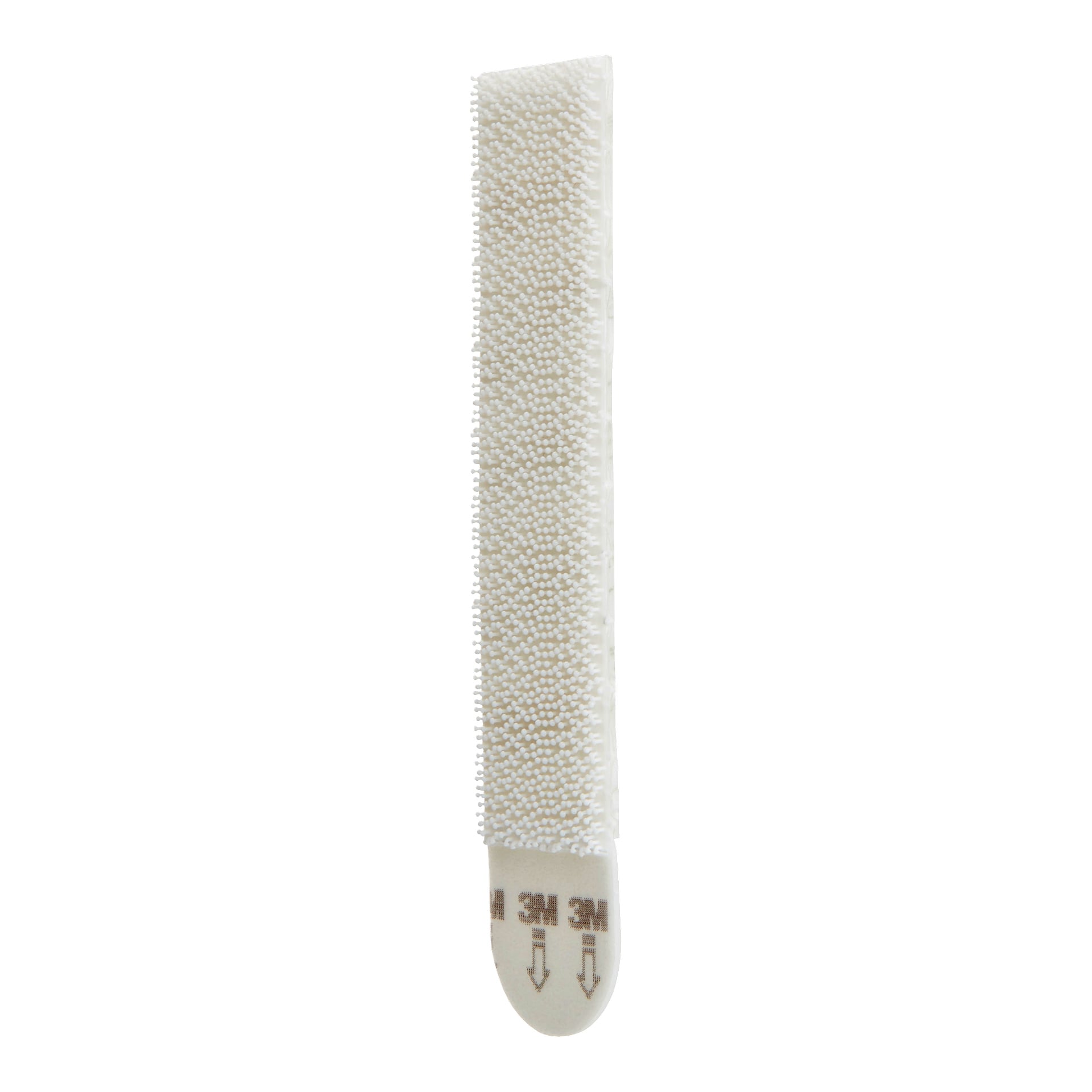 Et nærbilde av Command Large Picture Hanging Strips (4 par), hvit plast med små buster, selvklebende bakside og brun 3M-logo.