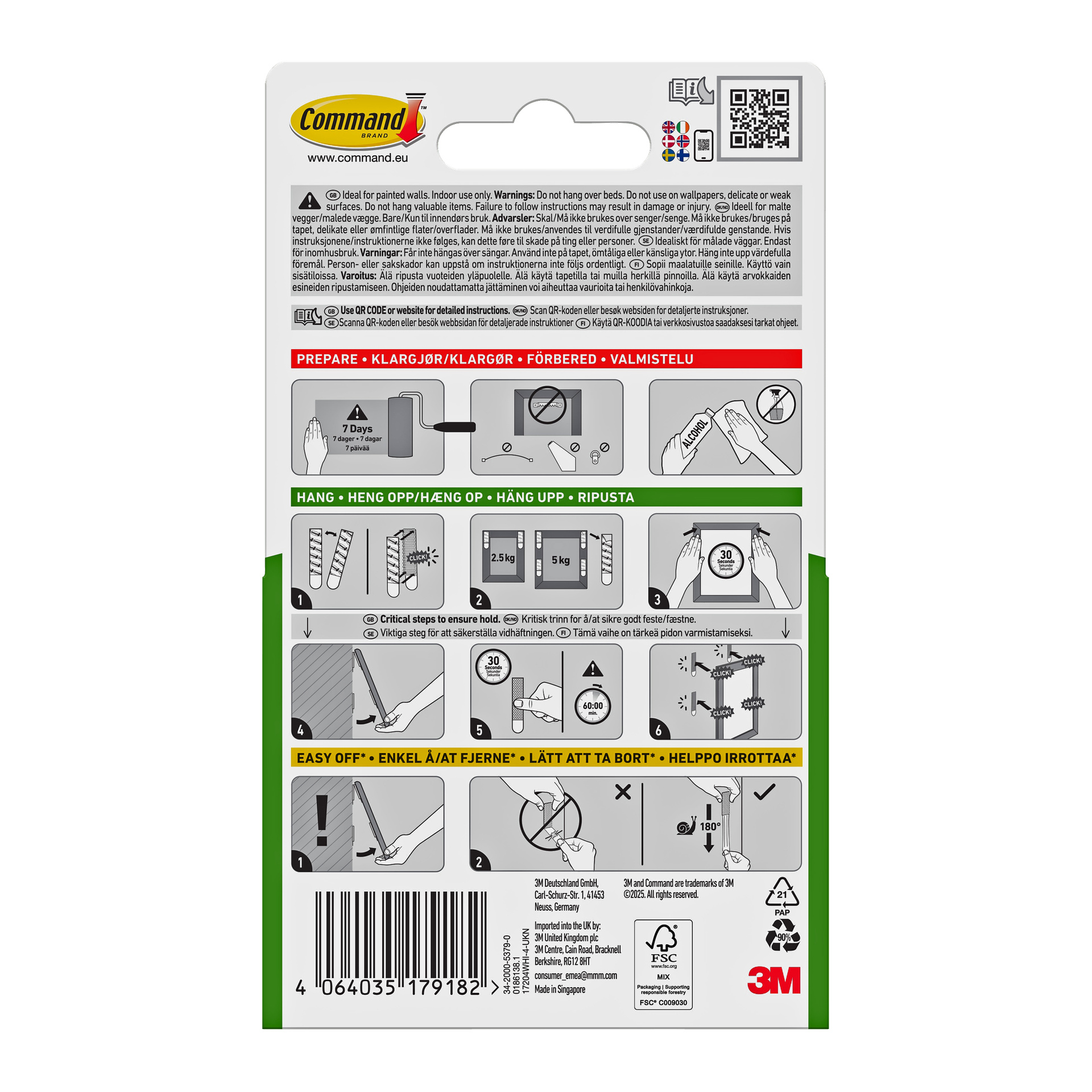 Baksiden av Command Medium Picture Hanging Strips-pakken viser illustrert oppsett, bruk, fjerningsinstruksjoner, advarsler og strekkode.