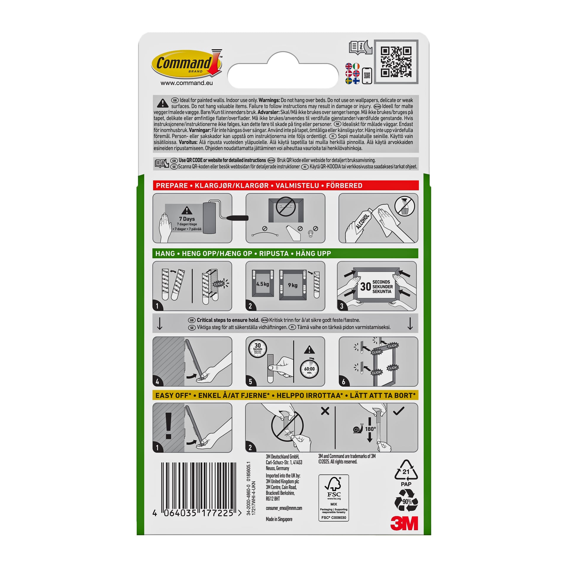 Baksiden av Command XL Picture Hanging Strips 4-pack viser illustrerte steg for bruk, sikkerhetsinformasjon, produktdetaljer og en strekkode.