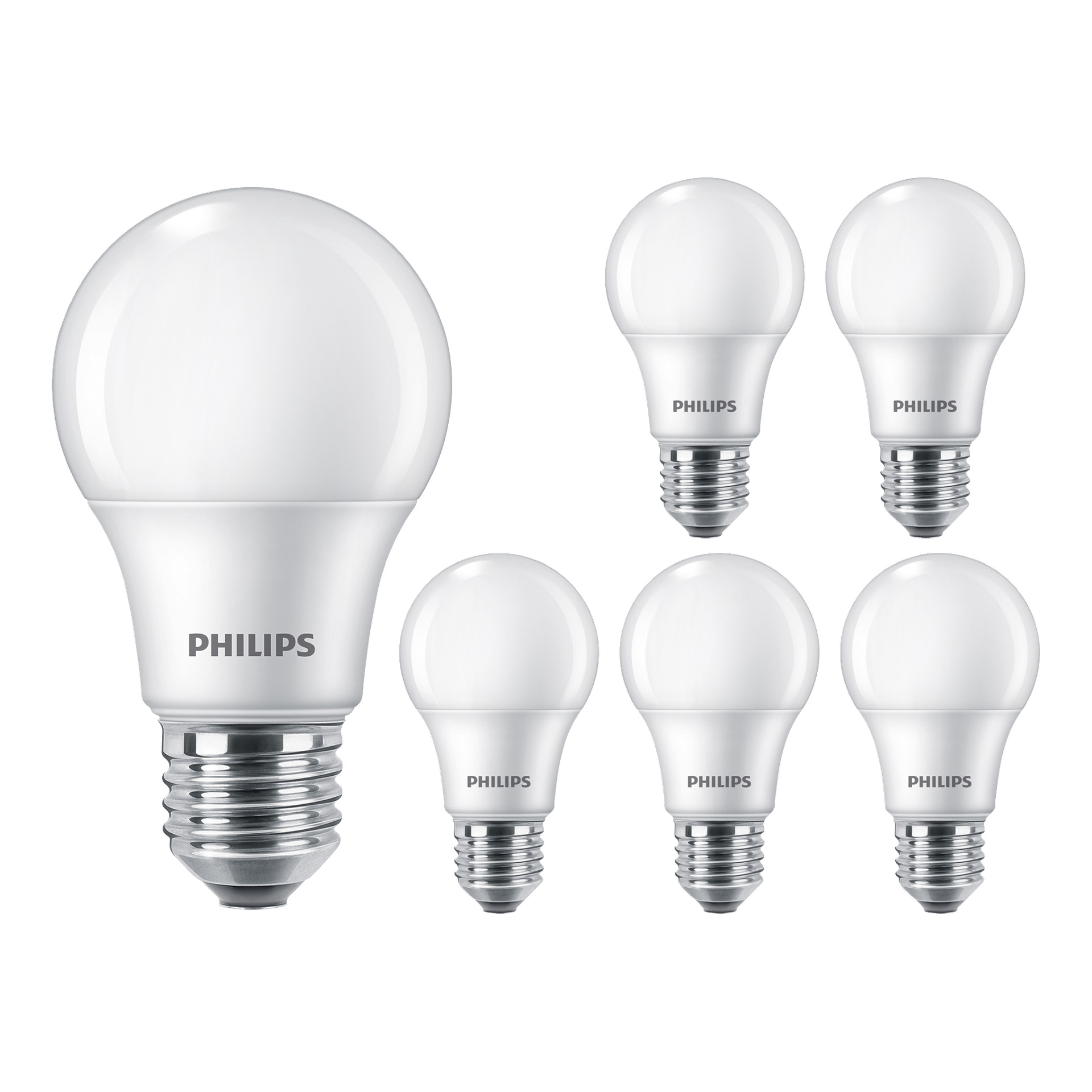 Philips Normal Bulb LED 6-pack visar en stor lampa till vänster och fem mindre lampor samlade till höger.