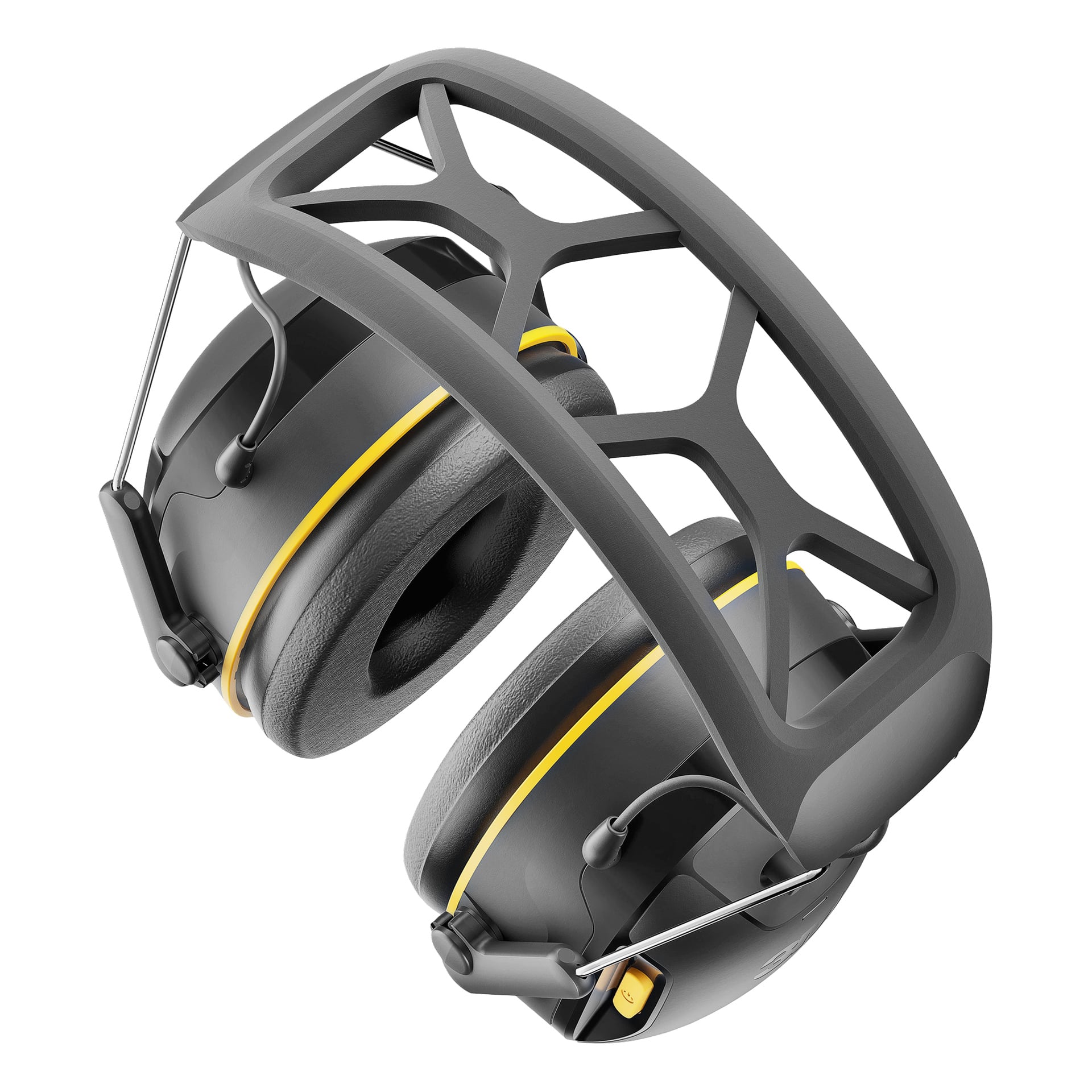 Ochrona uszu 3M z Bluetooth, czarno-żółtym wzorem, otwartą opaską, grubymi wyściełanymi nausznikami i metalowymi zawiasami.