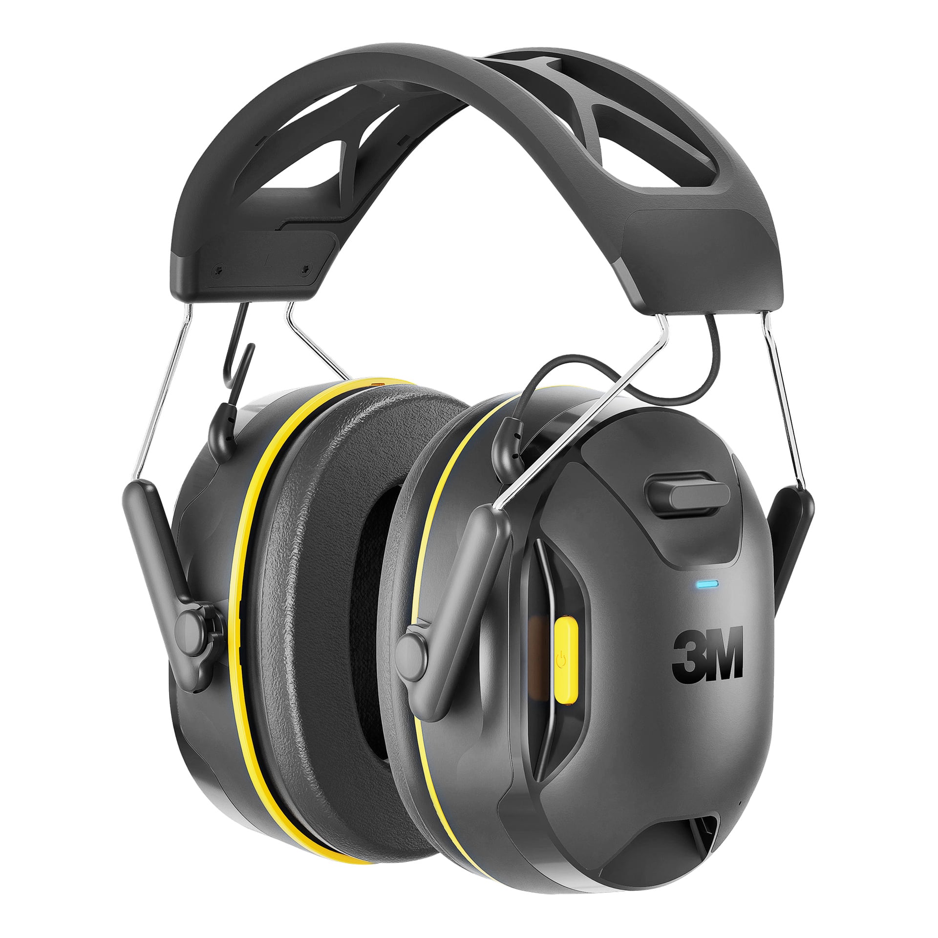 Czarne nauszniki Bluetooth 3M WorkTunes Connect z żółtymi akcentami, miękkimi nausznikami, regulowanym paskiem i bocznymi kontrolkami.