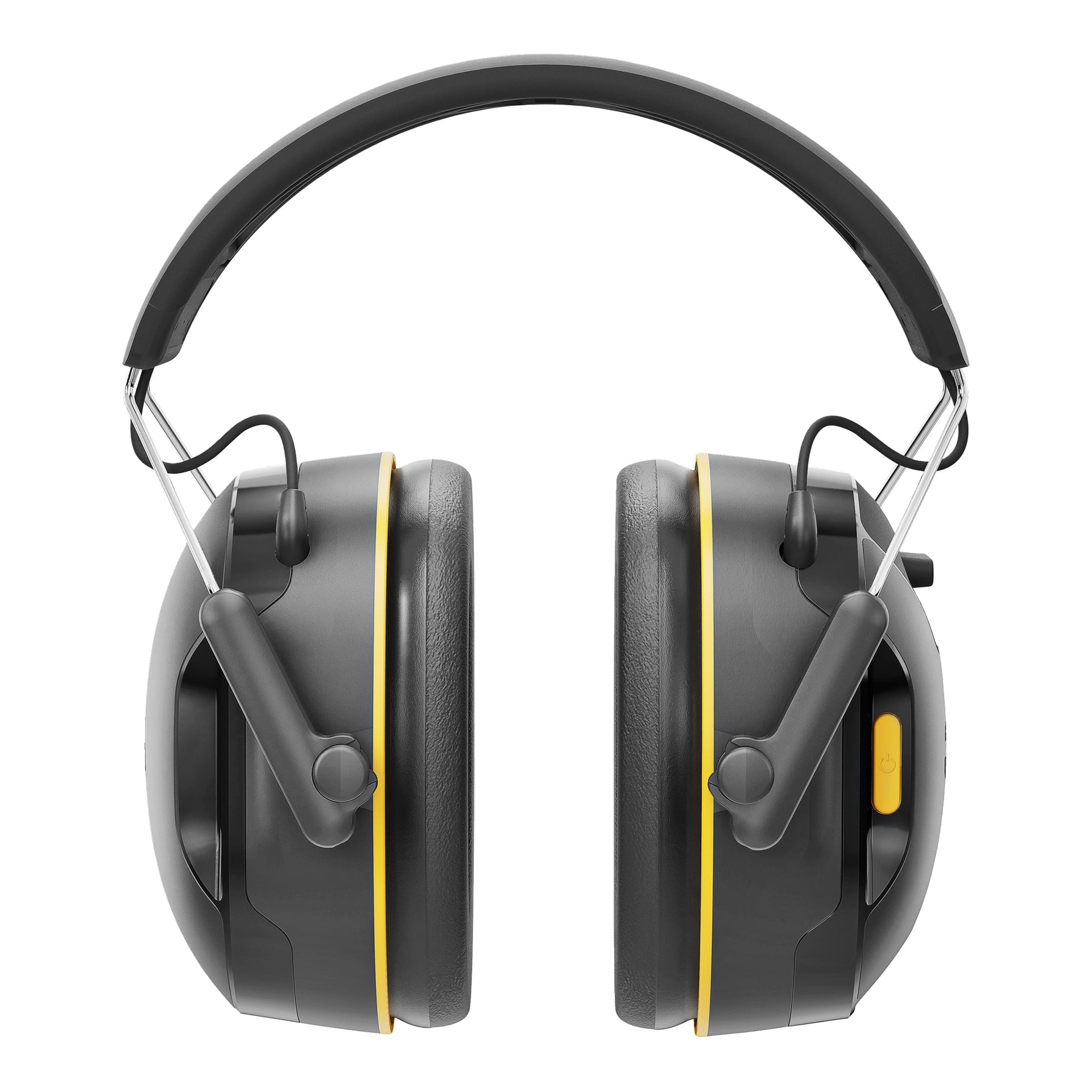 Widok z przodu na ochraniacz uszu 3M z Bluetooth, czarno-szarym wyściółkiem, żółtymi akcentami, przyciskiem zasilania i redukcją hałasu na uszach.