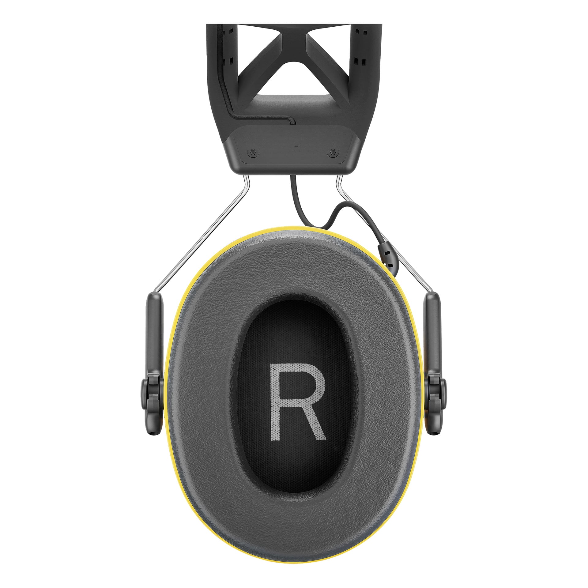 Zbliżenie szarego nausznika 3M Bluetooth WorkTunes Connect z żółtą ramką, literą "R" w środku i widocznym przewodem łączącym.