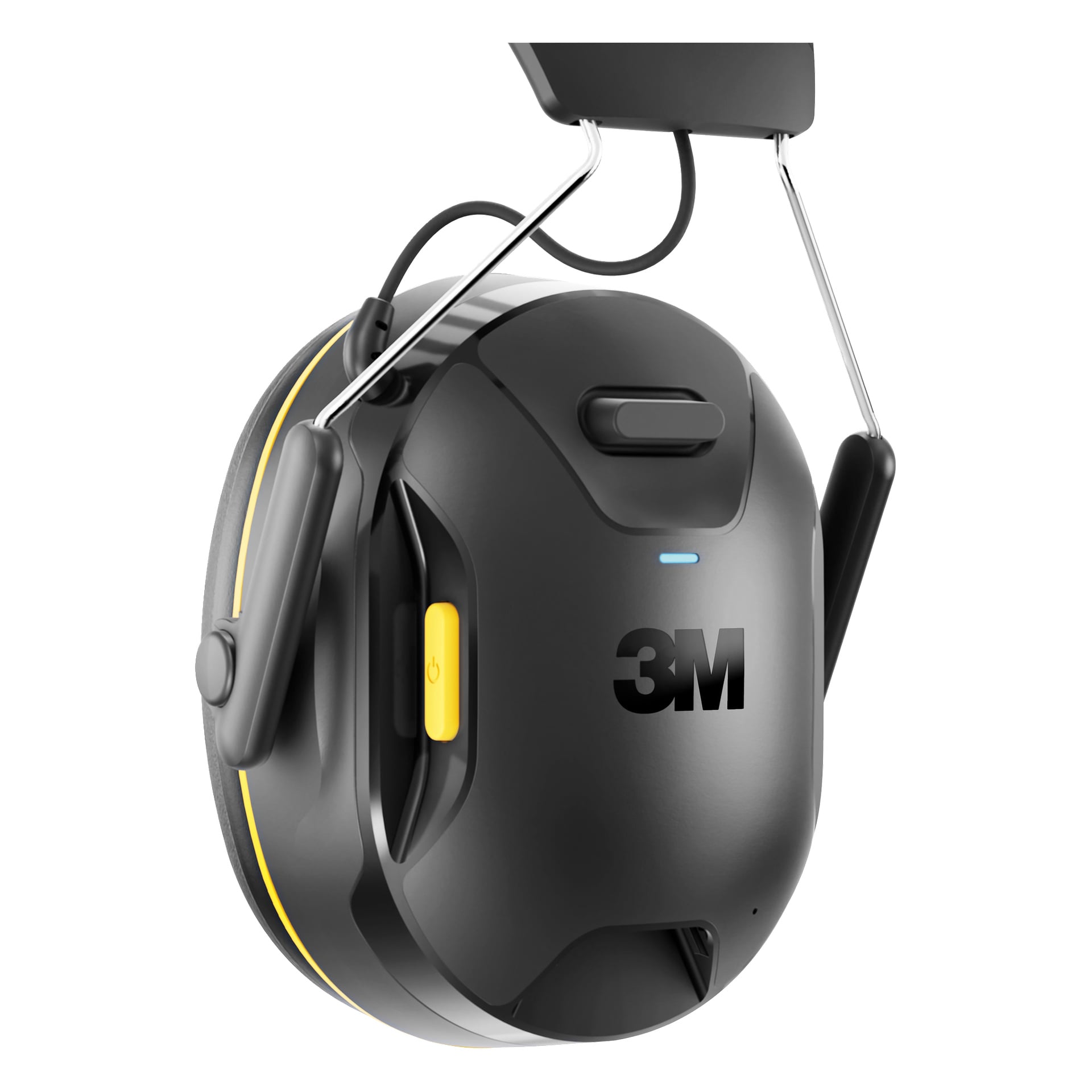 Ochrona uszu 3M z Bluetooth, metalową opaską, czarnym wzorem, żółtym przyciskiem zasilania i logo — stworzona dla ochrony słuchu.