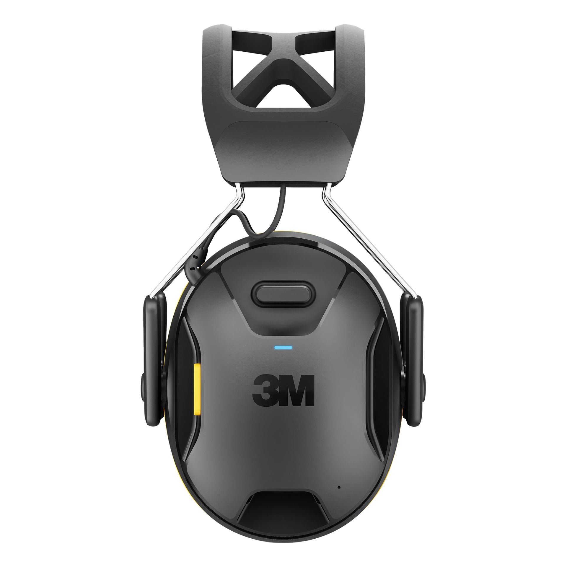 Zbliżenie na ochronę uszu 3M z Bluetooth WorkTunes Connect z czarnym korpusem, żółtym akcentem i metalową opaską.