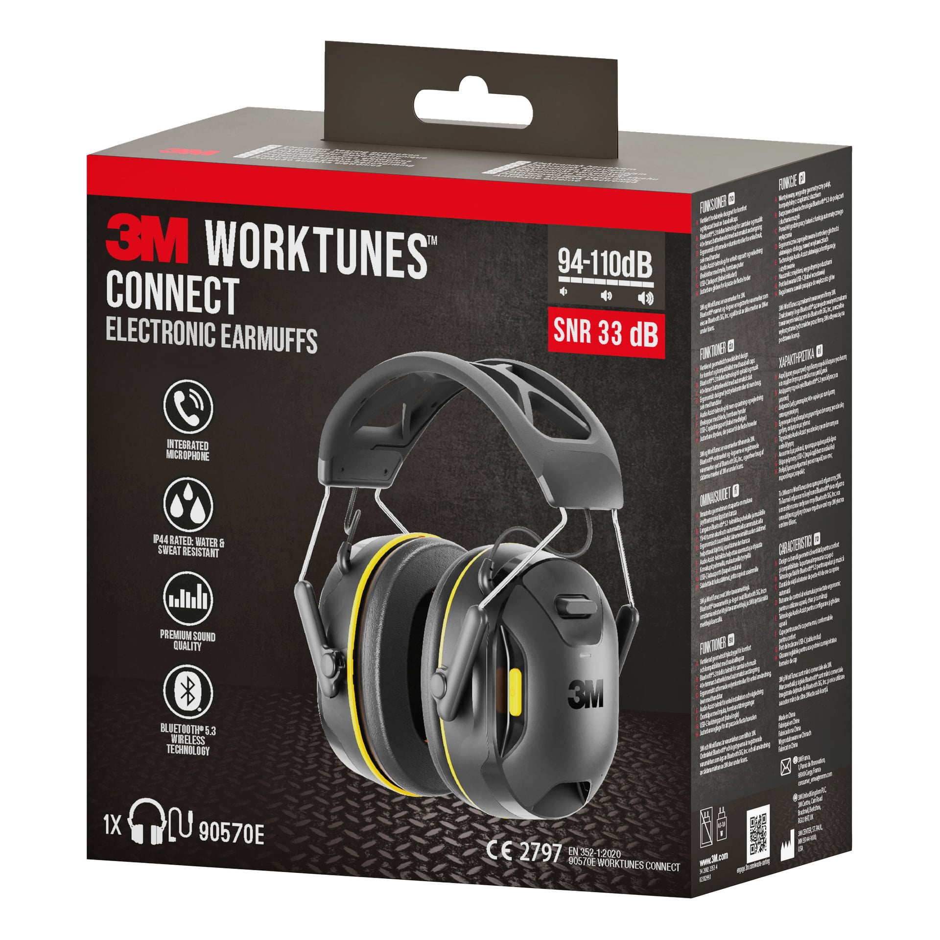 Pudełko ochronne na uszy 3M WorkTunes Connect wyświetla Bluetooth, wbudowany mikrofon, dźwięk wysokiej jakości oraz redukcję szumów SNR o poziomie 33 dB.
