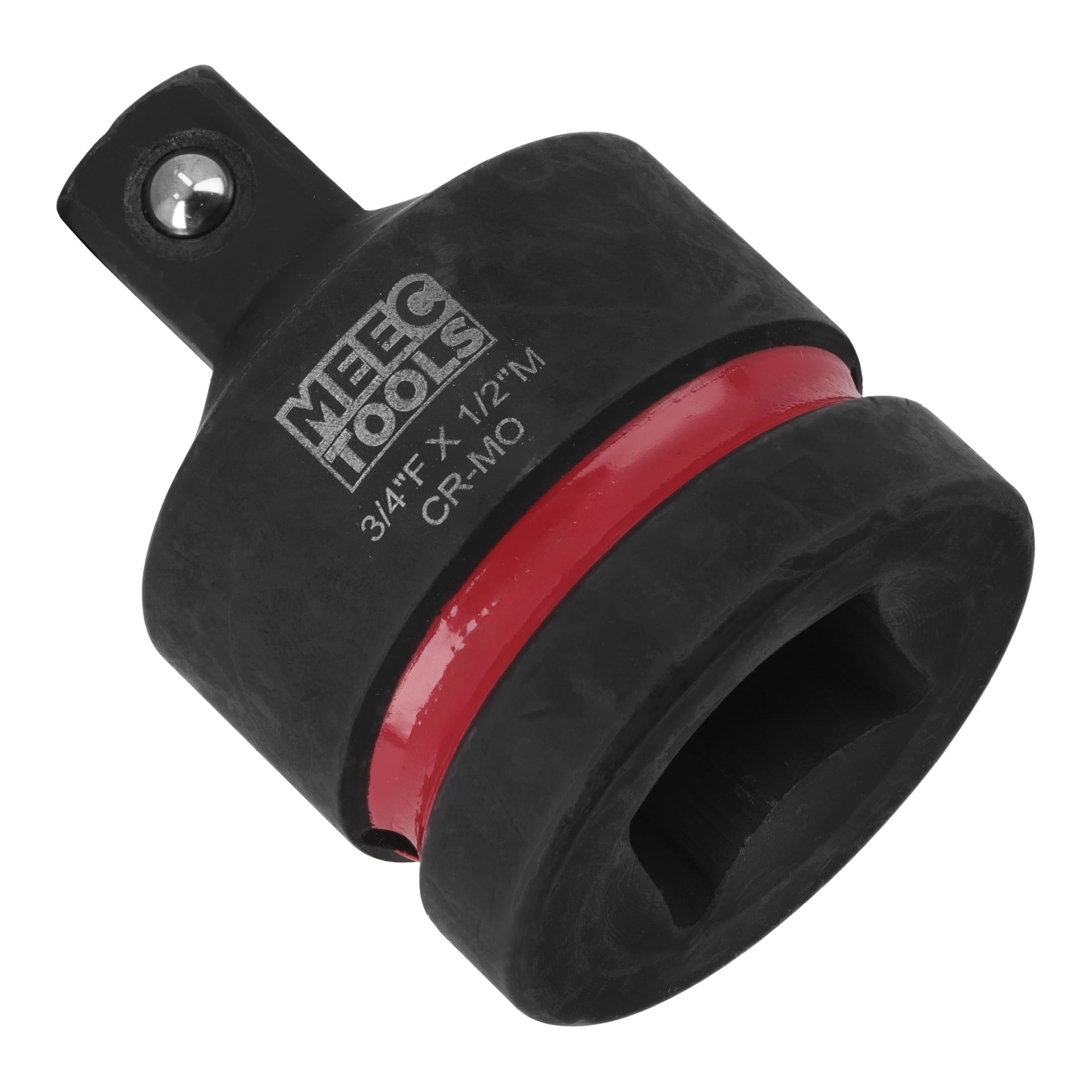 En svart MeeG Tools sockeladapter, märkt 3/4F X 1/2M CR-MO, med ett rött band runt mitten.