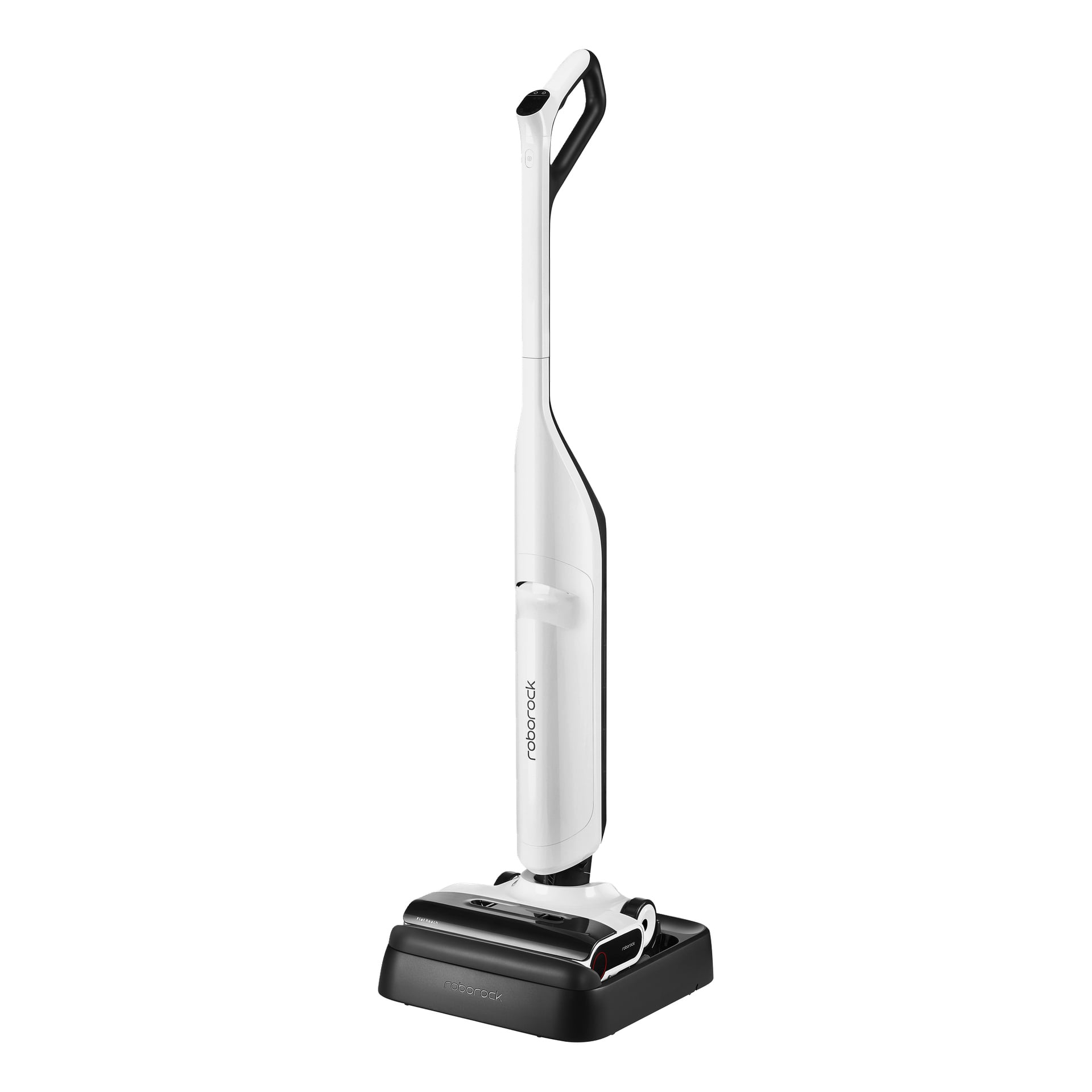 Roborock Flexi Lite oppretstående støvsuger, hvit og svart, med moppfunksjon, topphåndtak og rektangulært hode, hvilende på bunnen.