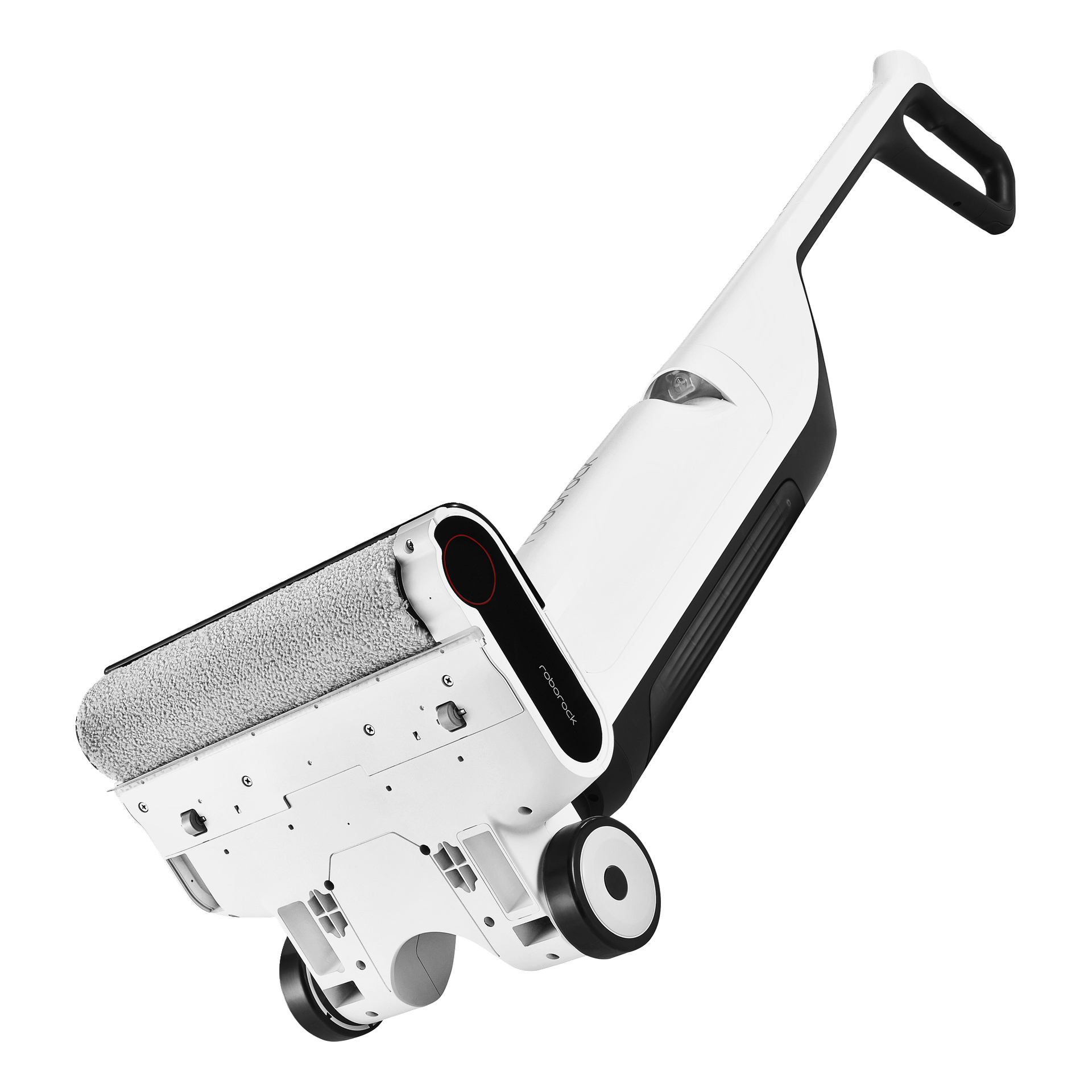 Lavvinkel sidebilde av Roborock Flexi Lite stående støvsuger med mopp, hvit og svart, som viser teksturert rulle, håndtak og hjul.