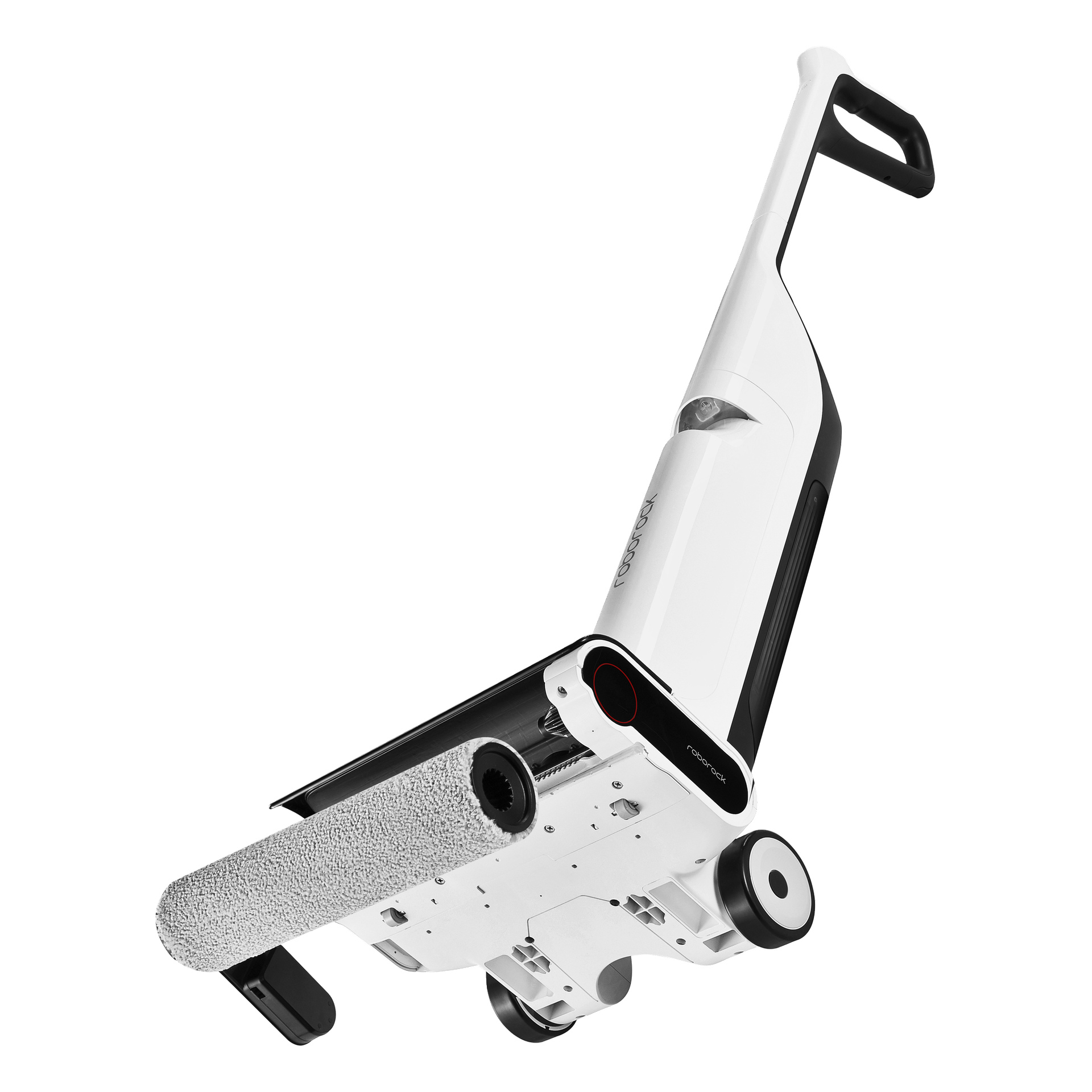 Roborock Flexi Lite Upright støvsuger med mopp er vinklet for å vise sin sylindriske børste, hjul og håndtak for rengjøring av harde gulv.