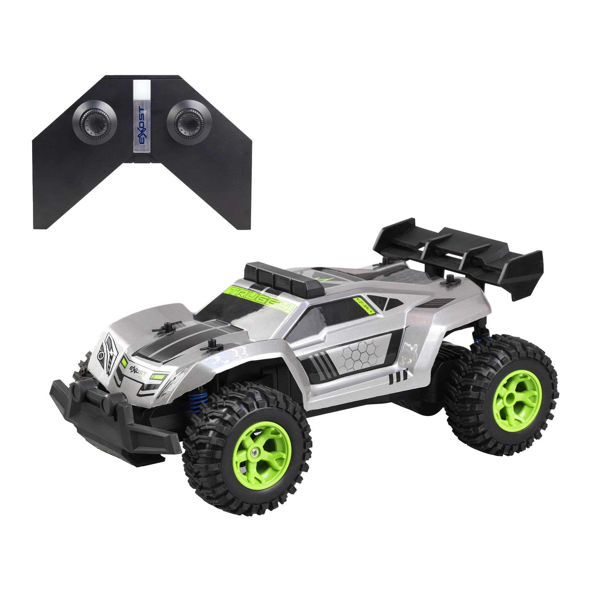 Silverlit Exost Pro Future RC in Silber und Schwarz mit leuchtend grünen Rädern, positioniert unter einer schwarzen Fernbedienung mit blauem SkyJet-Label.