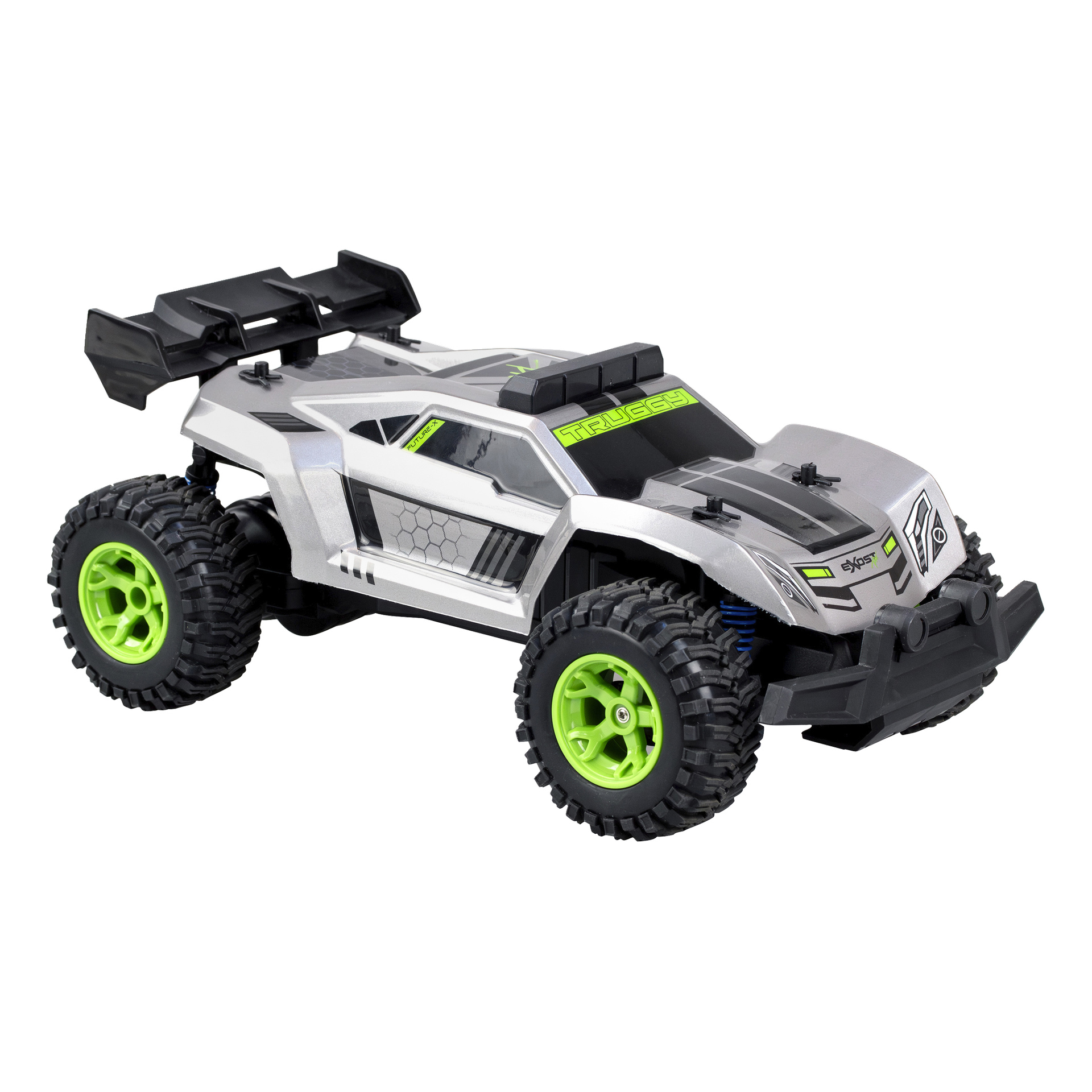 Das ferngesteuerte Auto Silverlit Exost Pro Future hat schwarze und grüne Akzente, große Offroad-Reifen und einen Heckspoiler.