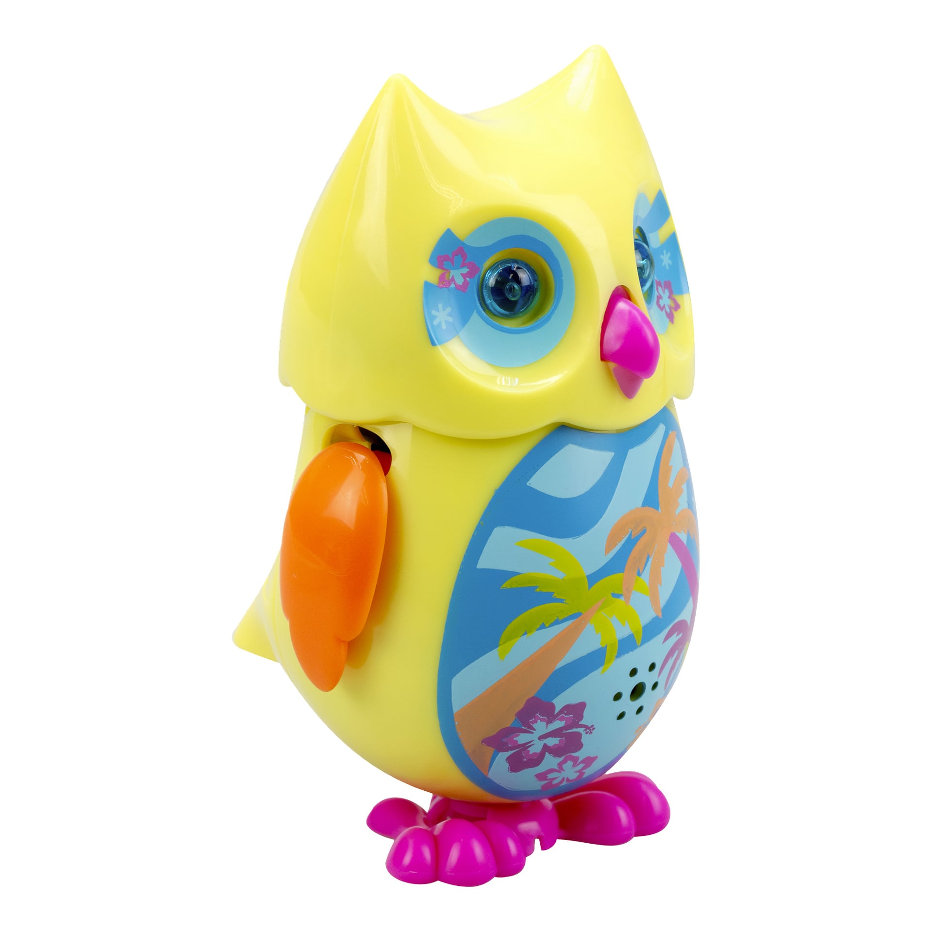 En gul plastleksak Mini Hoot Hoot från Silverlit med orange vingar, rosa näbb och fötter, stora runda ögon och en tropisk magdesign med blå, gula och rosa palmer och blommor.