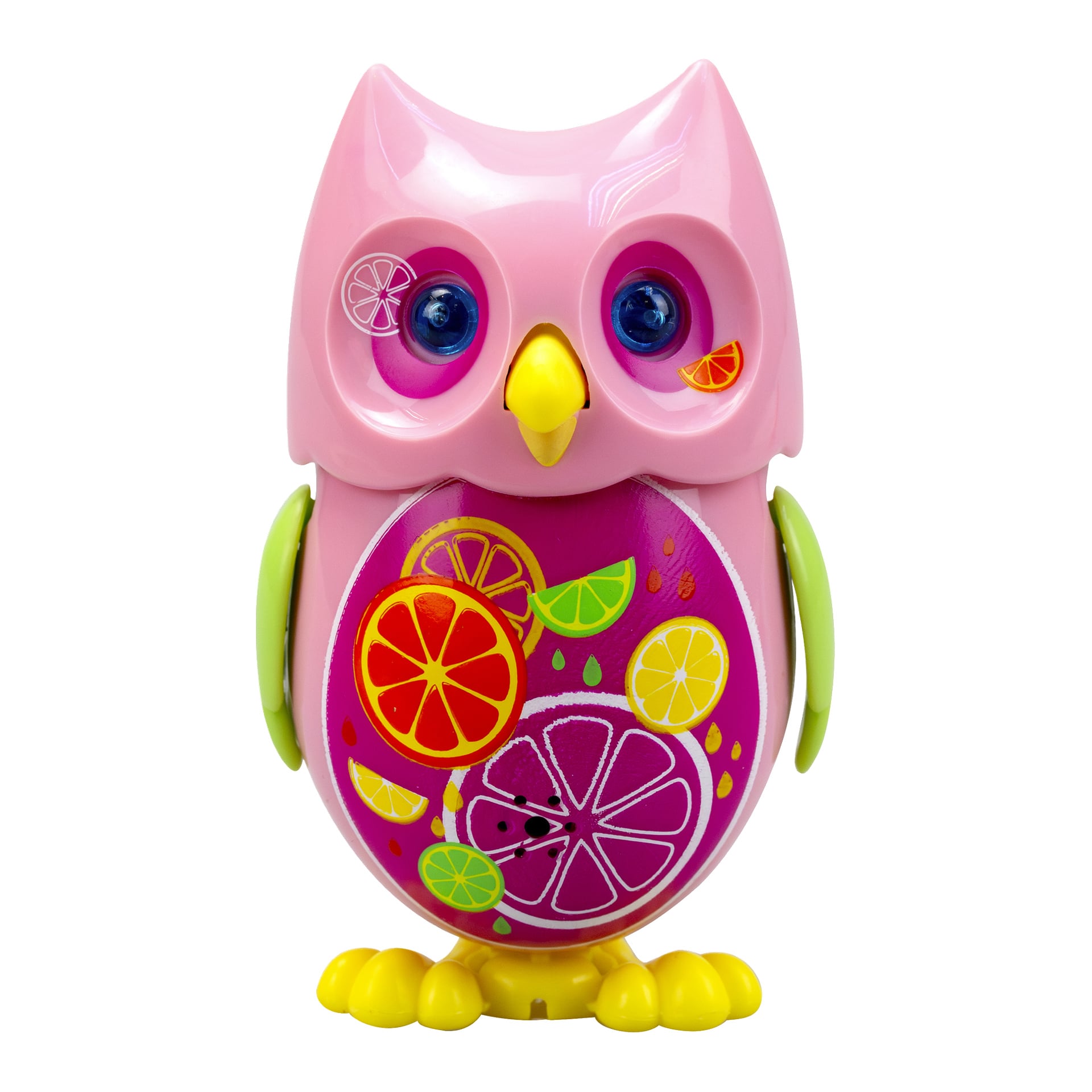 Leksaksuggan Mini Hoot från Silverlit är rosa, har gul näbb och fötter, gröna vingar, en mage dekorerad med färgglada fruktskivor, en blank yta och stora rosa och blå ögon.