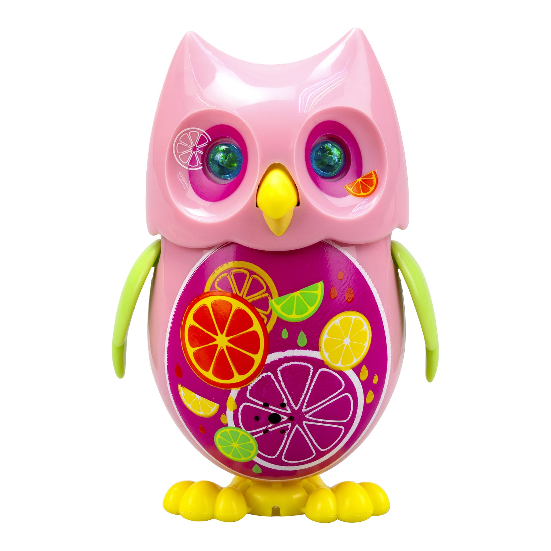 Leksaksuggan Mini Hoot från Silverlit är en rosa plastuggla med gula fötter, gröna vingar och gul näbb. Dess mage är dekorerad med citrusfruktmönster och dess ögon visar virvlar och mönster av fruktskivor.