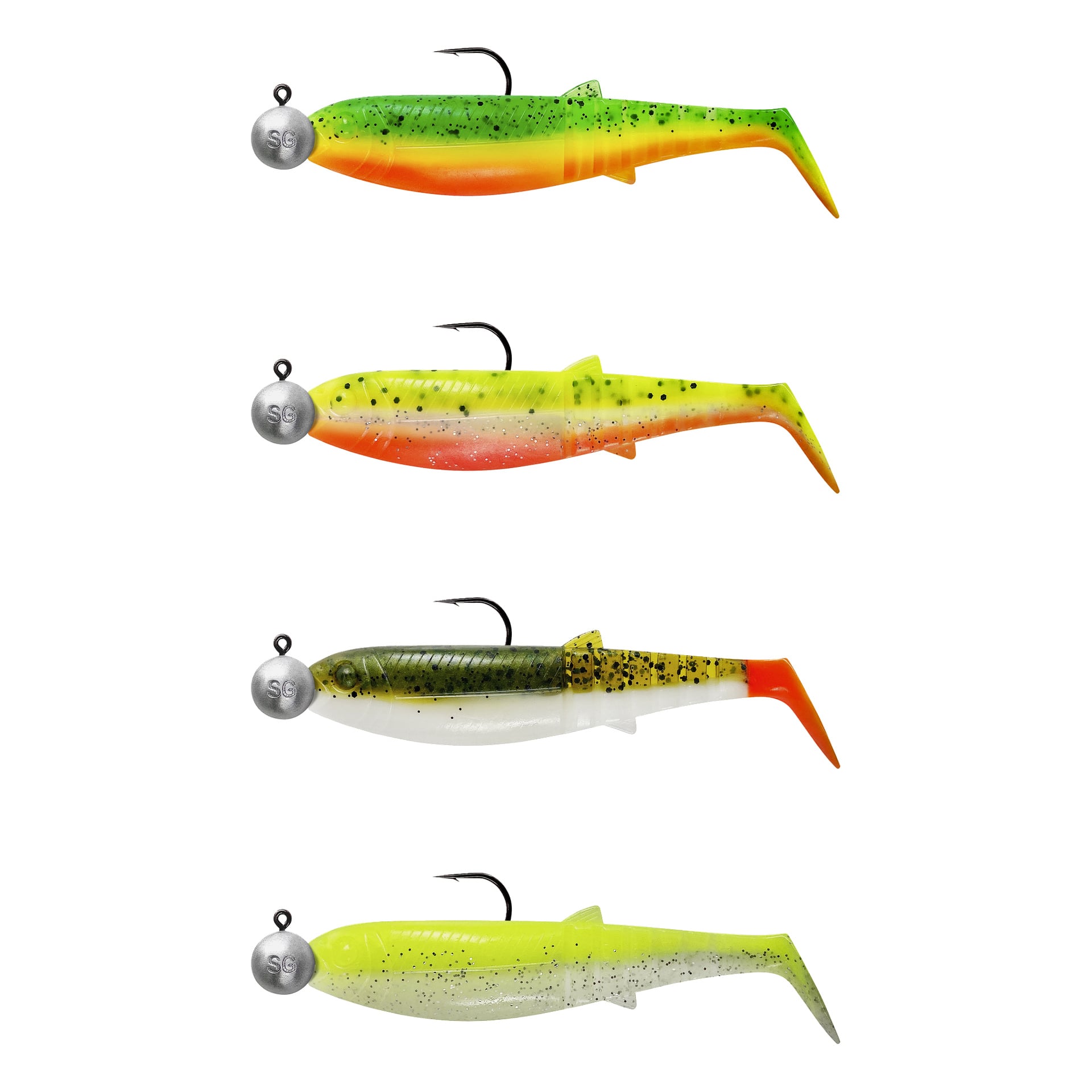 Savage Gear Cannibal Shad Mix 4 Pack visar fyra färgglada mjukplastbeten med jigghuvuden och enkla krokar, arrangerade vertikalt.