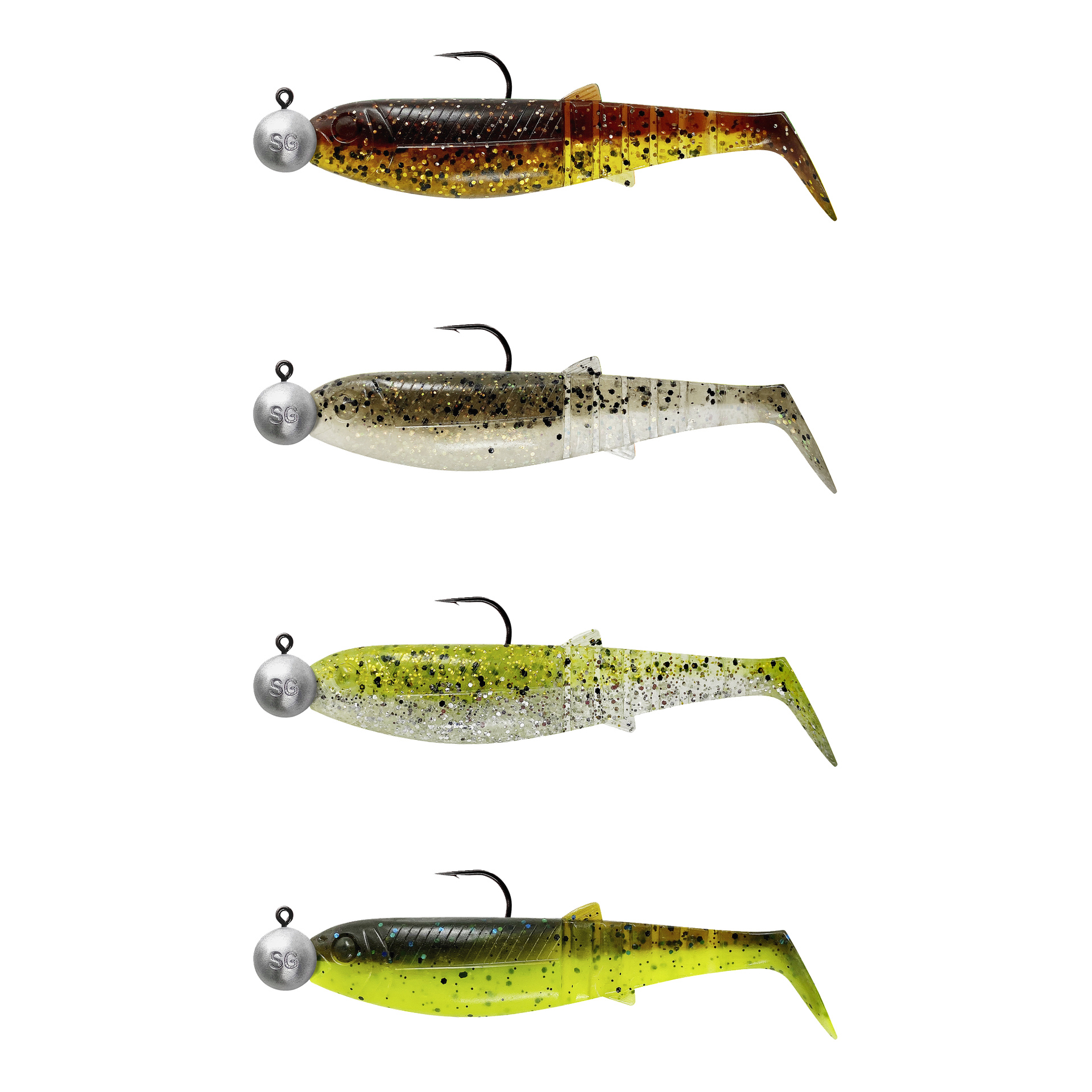 Paket med fyra gummidrag från Savage Gear Cannibal Shad med jigghuvuden i olika fläckiga färger: brun-gul, grå-vit, klar gul och grön-gul.