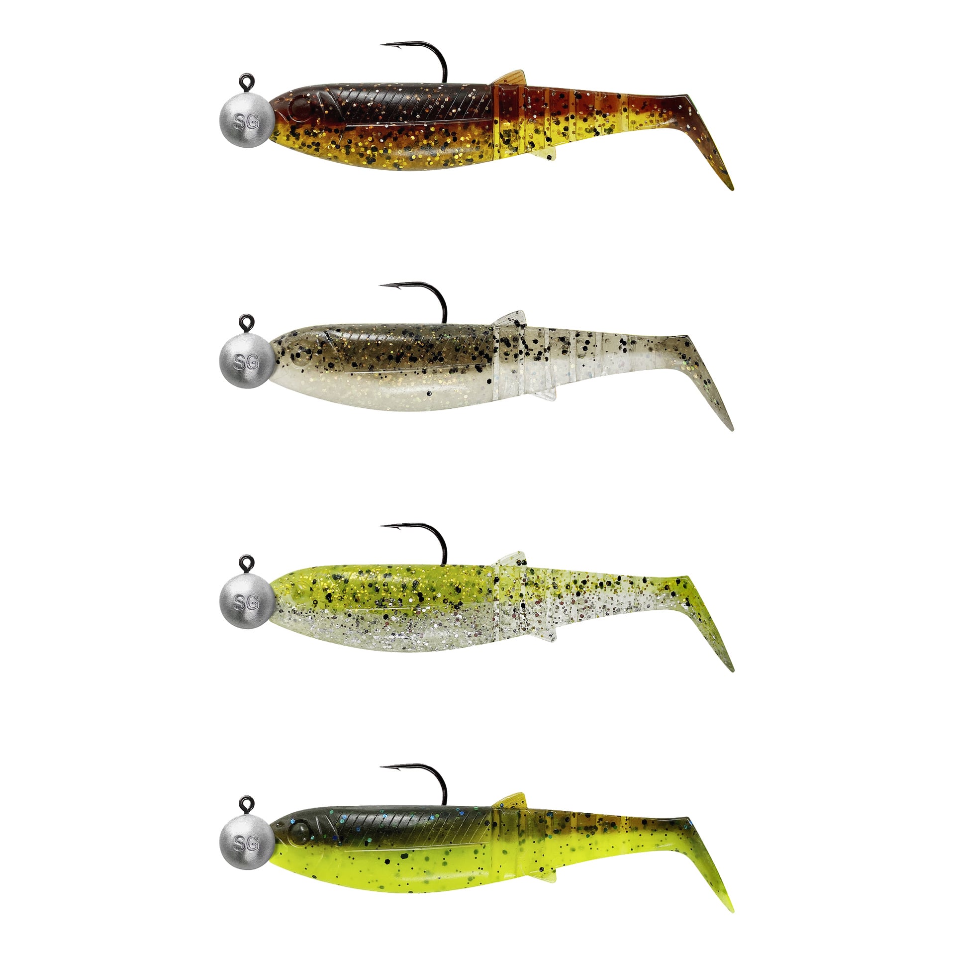 Set med fyra Savage Gear Cannibal Shad-mjuka beten med jigghuvuden i brunt, grått, ljusgrönt och gult med svarta prickar.