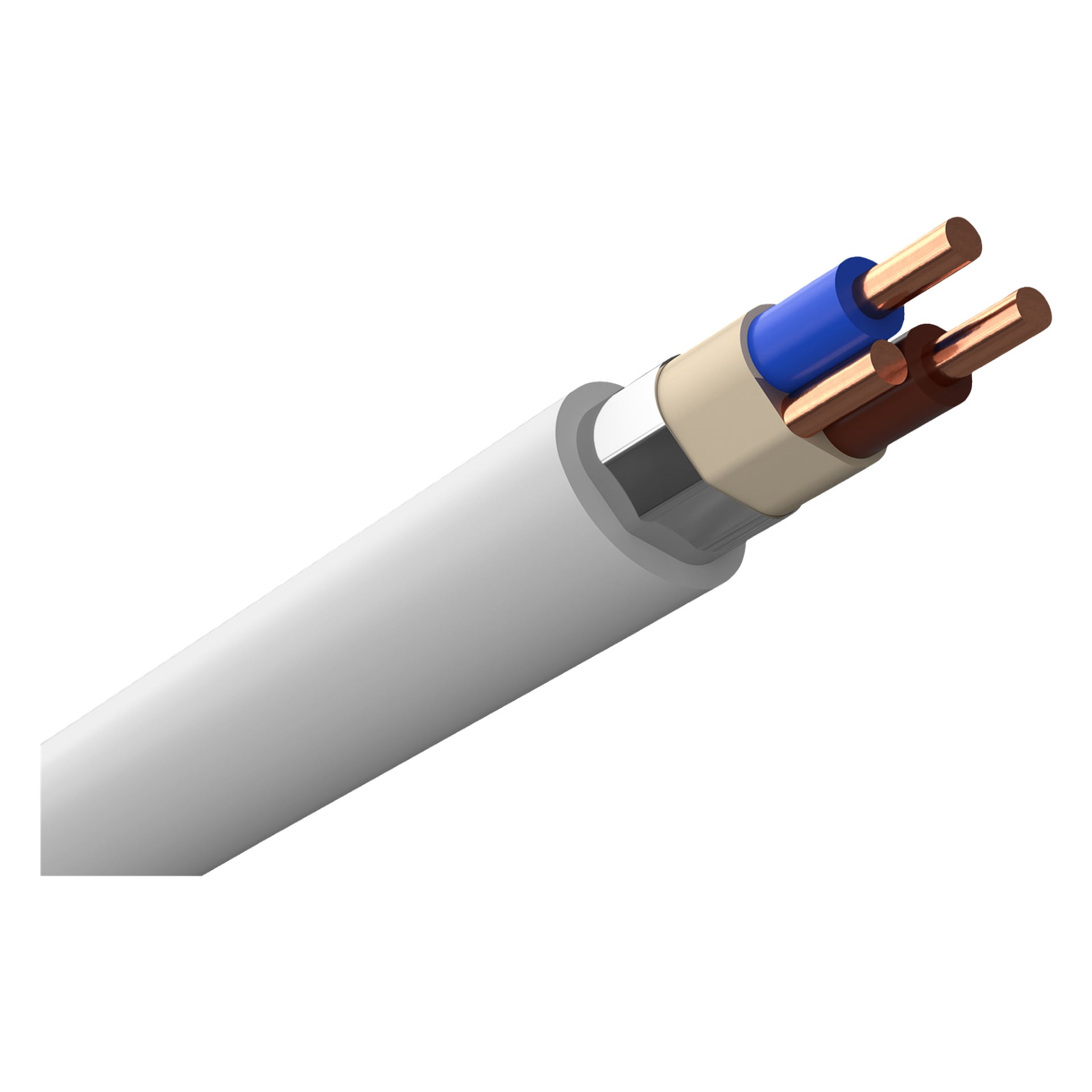 Nærbilde av en Amokabel PR-kabel plassert diagonalt, med synlige kobberender. De interne ledningene er isolert i blått, brunt og beige.