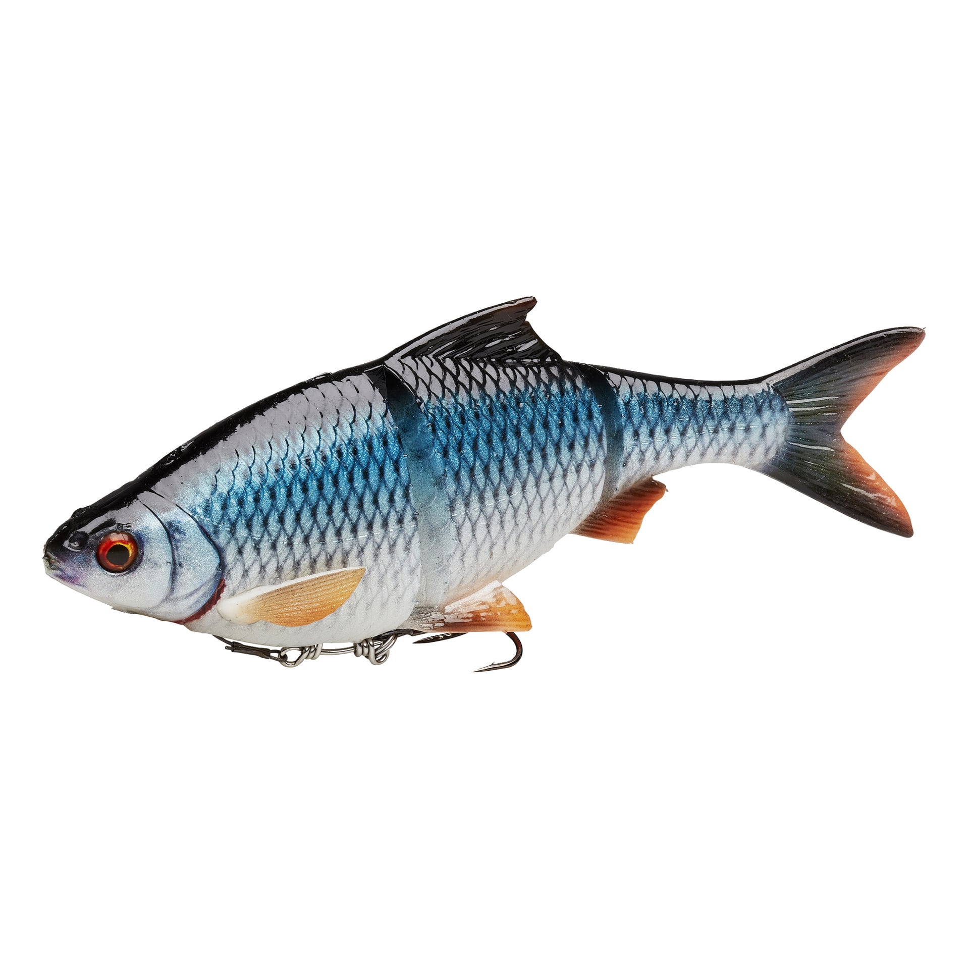 Realistyczna przynęta Savage Gear Jig 4D Line Through Roach w kształcie ryby, z niebiesko-srebrnymi łuskami, pomarańczowymi płetwami i haczykiem pod spodem.