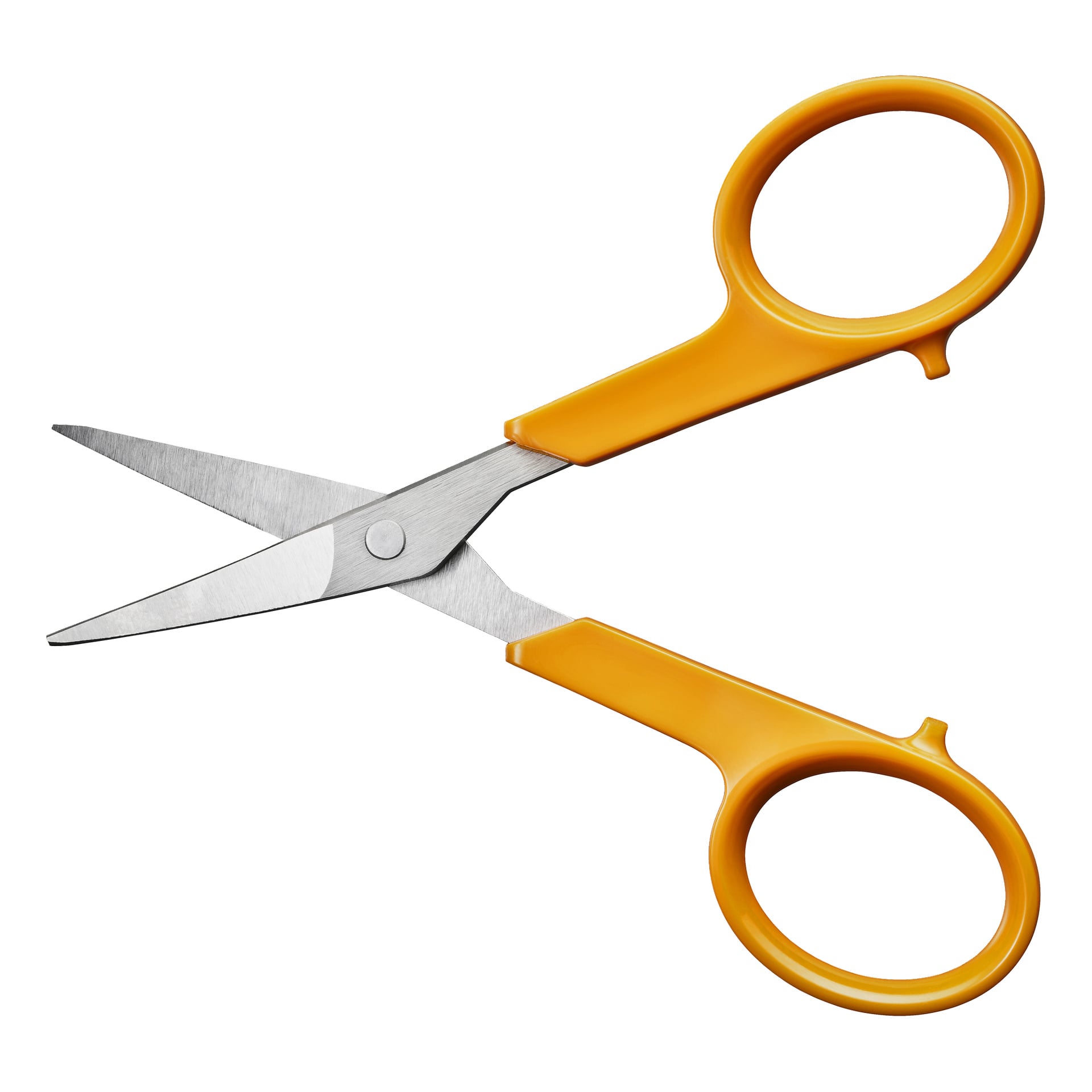 Fiskars Classic spikersakser med rustfrie stålblader og gule plasthåndtak vises åpne.