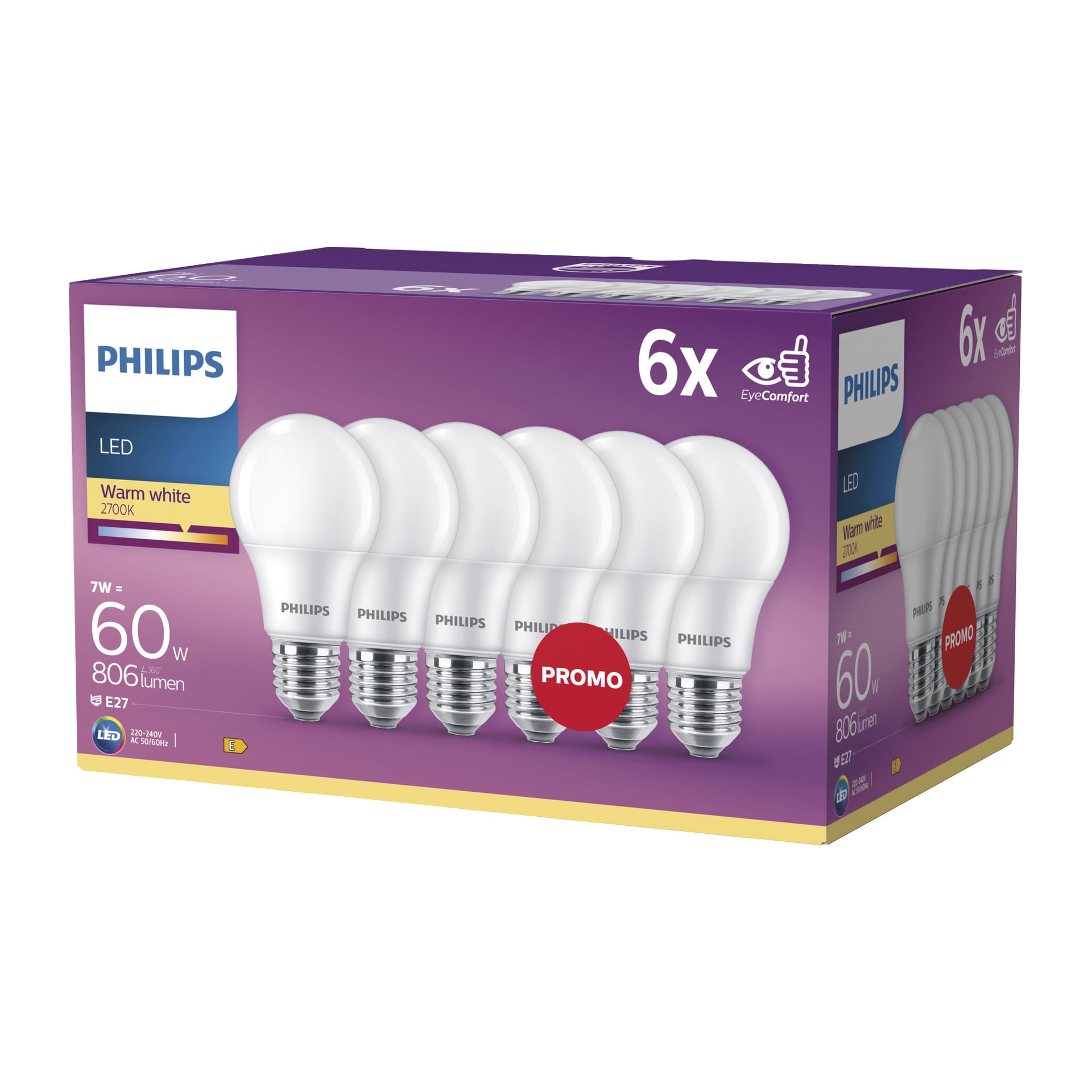 Sexpack Philips Normal LED-lampor, E27, 7W (60W ekv.), 806 lm, 2700K. Lila låda med en röd PROMO-klisterlapp på en lampa.