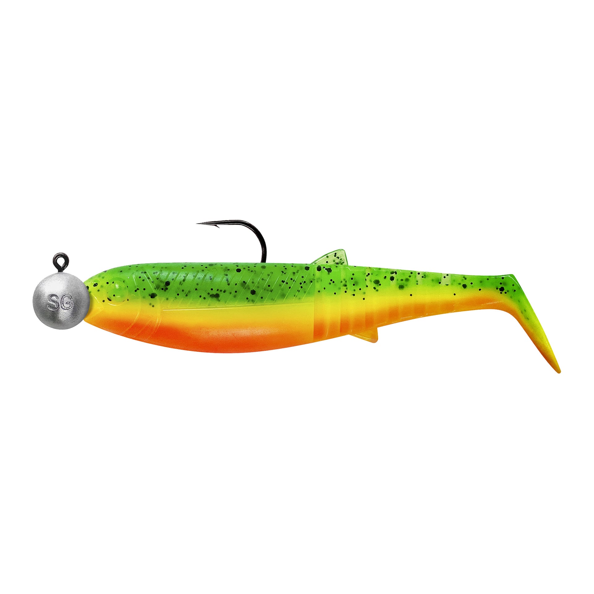 Savage Gear Cannibal Shad Mix-paketet innehåller fyra mjuka plastbeten i grönt, gult och orange med svarta fläckar och SG-jigghuvuden.
