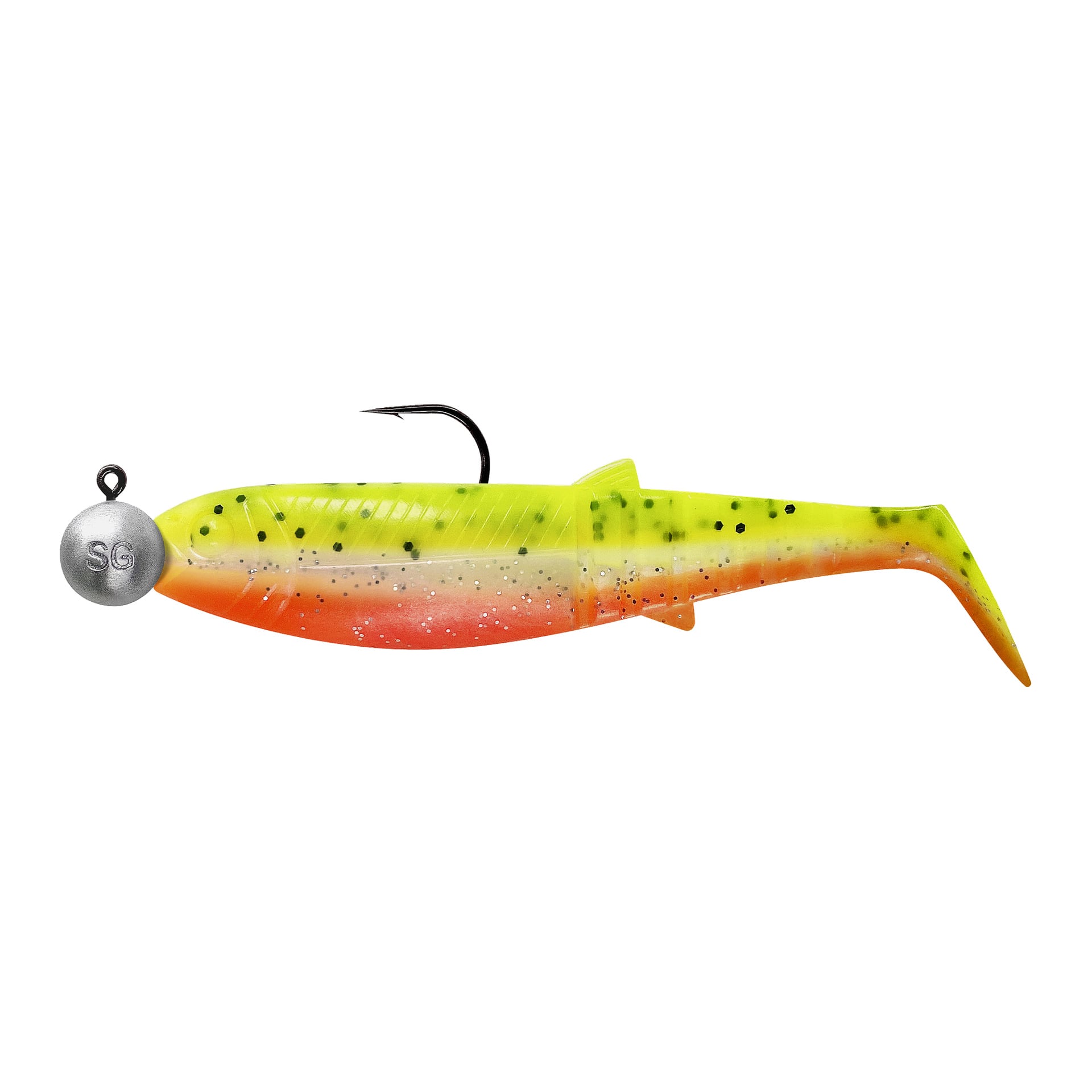 Fyra Savage Gear Cannibal Shad-gummibeten i gult, grönt och orange med svarta fläckar, var och en på ett jigghuvud med synlig krok.