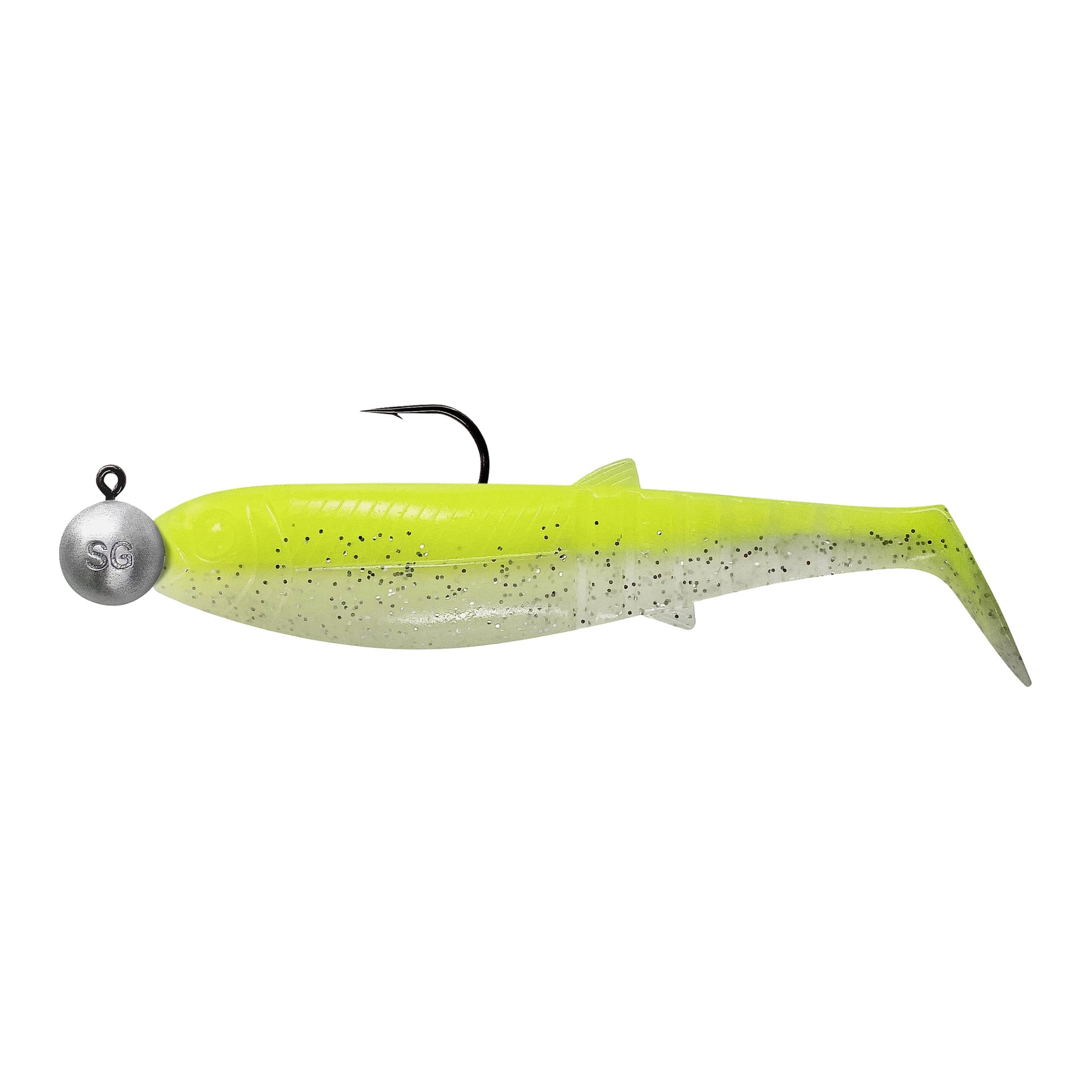 Savage Gear Cannibal Shad Mix 4-pack innehåller fiskformade mjuka beten med gula toppar, genomskinliga magar, svarta prickar och SG-jigghuvuden.