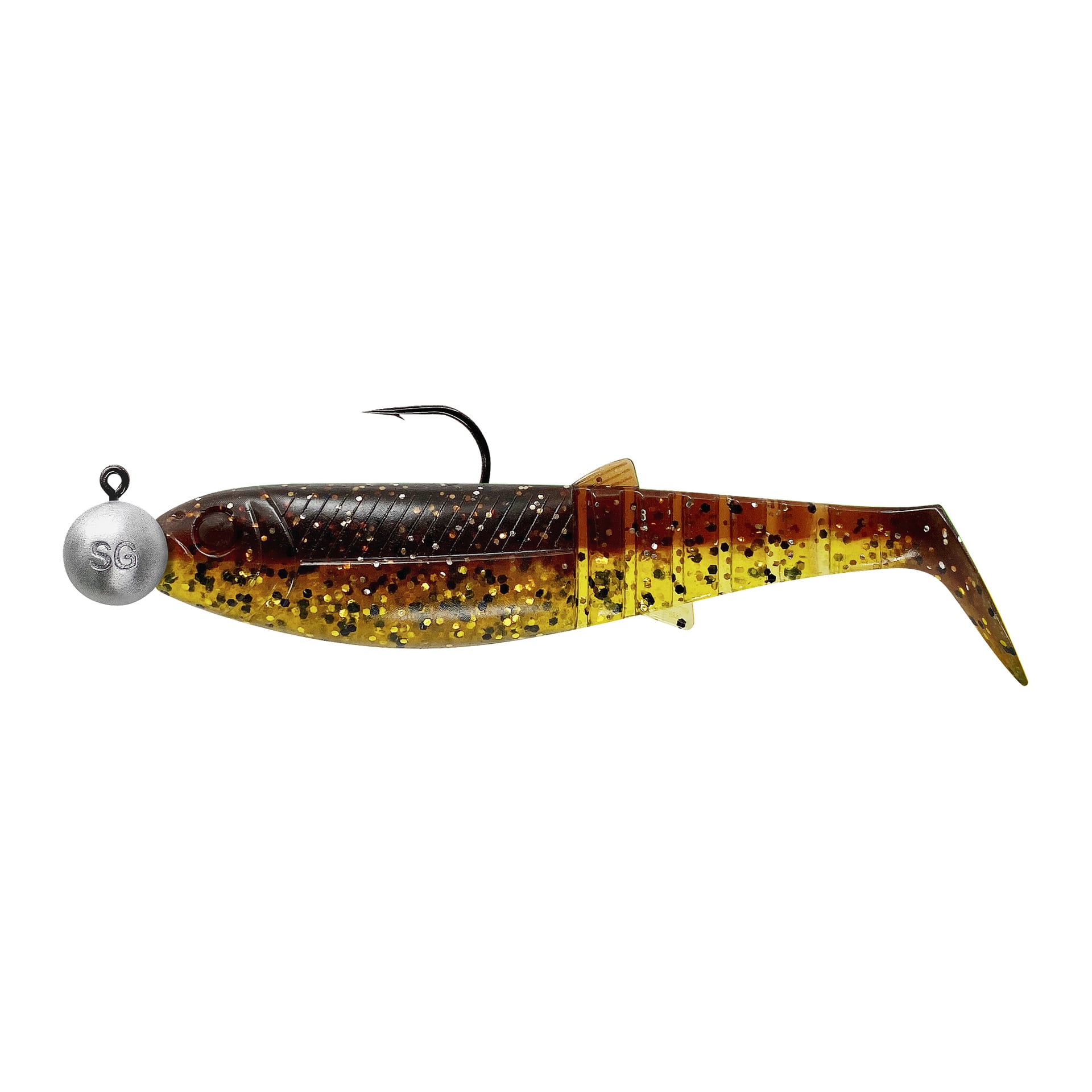 Set med fyra Savage Gear Cannibal Shad-mjuka beten i brunt och gult med speckles, paddelstjärtar, jigghuvuden och enkla krokar.