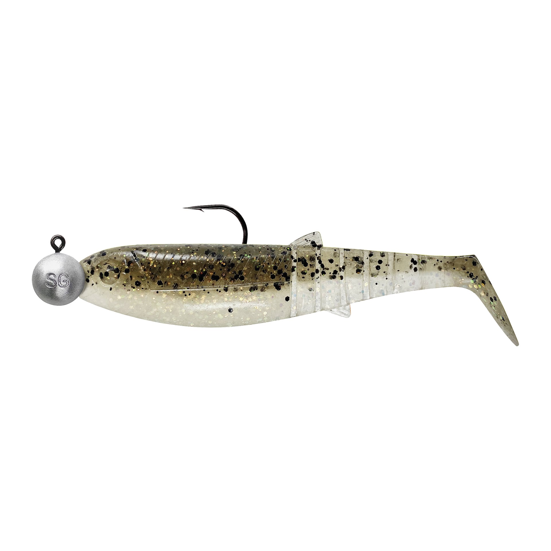 Savage Gear Cannibal Shad Mix 4-paketet innehåller mjuka plastfiskformade beten med fläckiga brunvita kroppar och SG-jigghuvuden.
