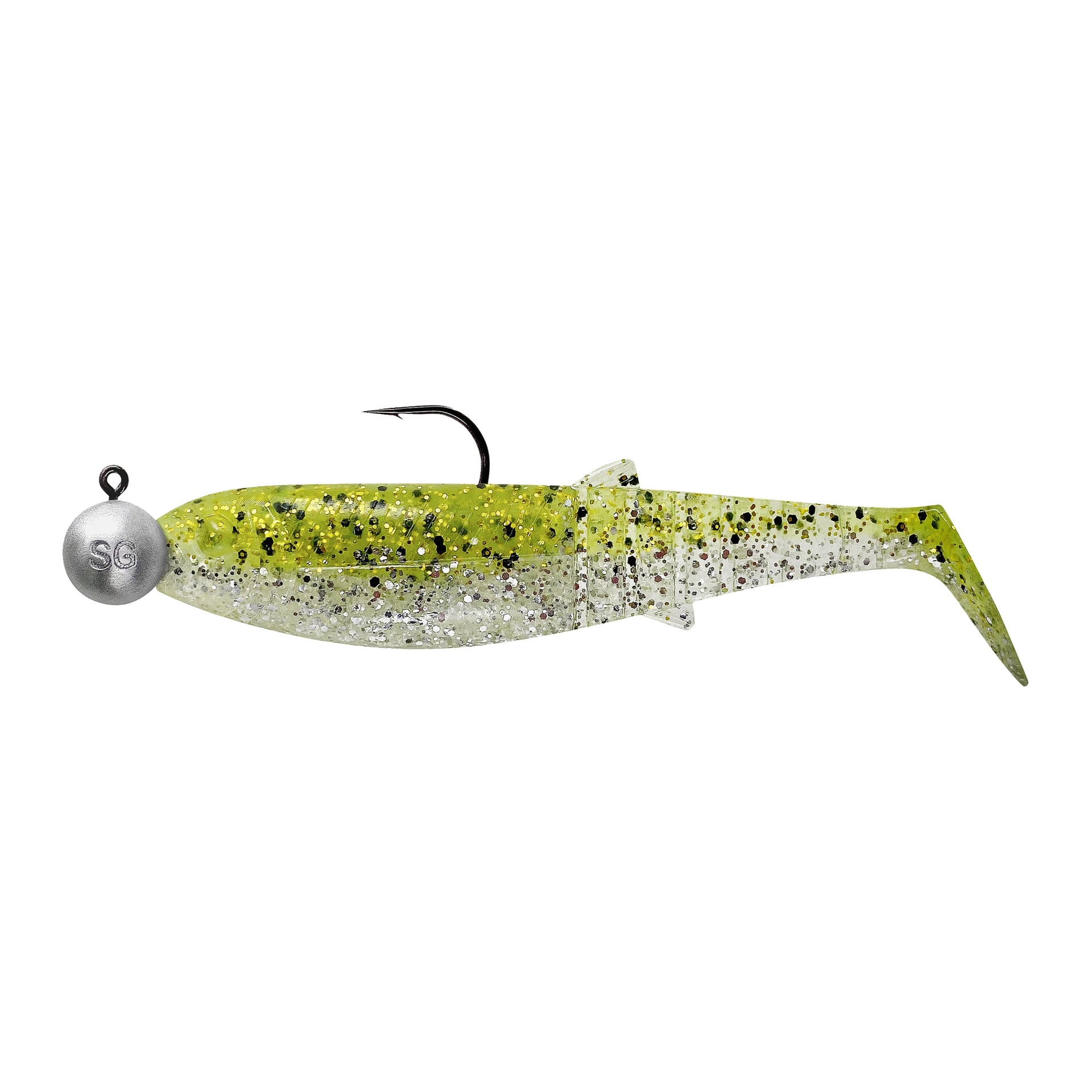 Savage Gear Cannibal Shad Mix 4-paketet innehåller mjuka plastbeten med glittriga gröna och vita kroppar, fenor och jighuvudskrokar.