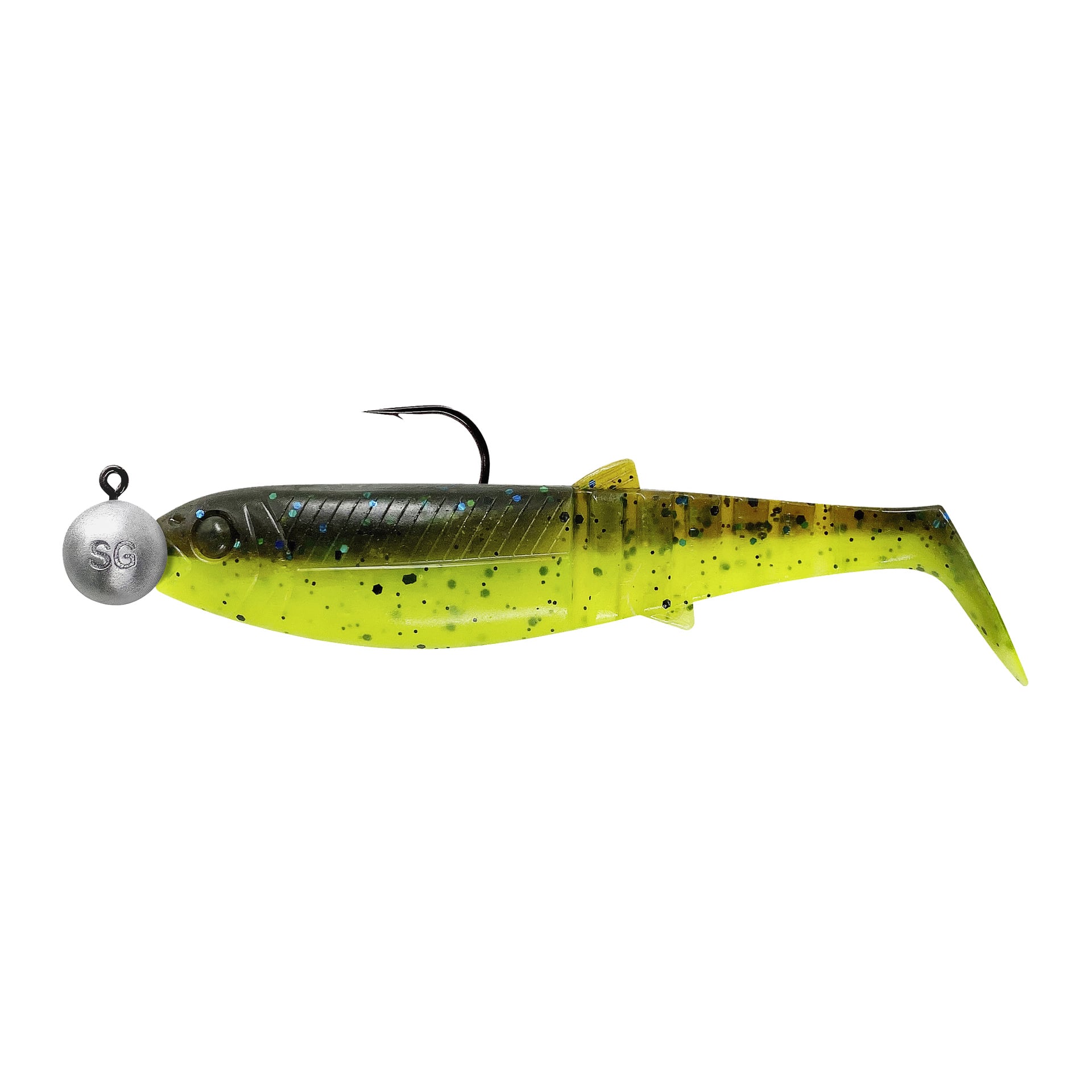 Savage Gear Cannibal Shad Mix 4-paketet innehåller mjuka plastfiskbeten i gult med svarta prickar, metalljigghuvuden och toppkrokar.