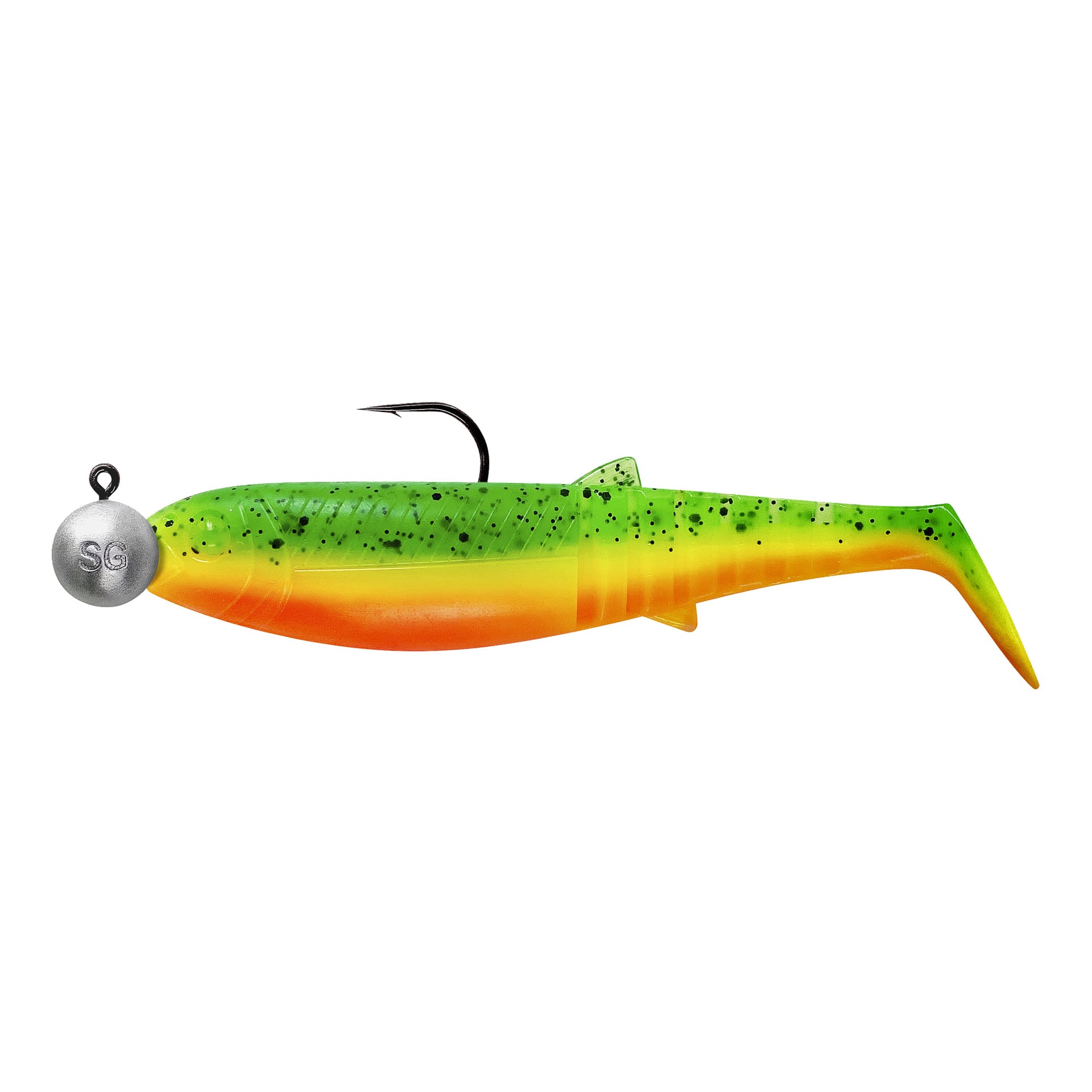 Fyra Savage Gear Cannibal Shad-beten med gröna toppar, svarta prickar, gula mittpartier, orange magar, silverfärgade "SG"-jigghuvuden.