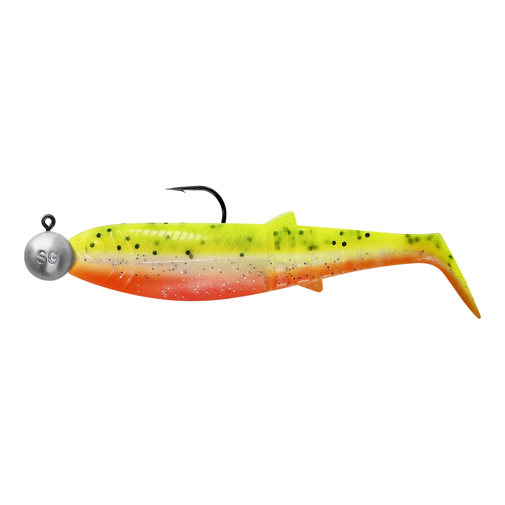 Set med fyra Savage Gear Cannibal Shad-beten i gult, grönt och orange med svarta prickar, metall-SG-jigghuvuden, exponerade krokar.