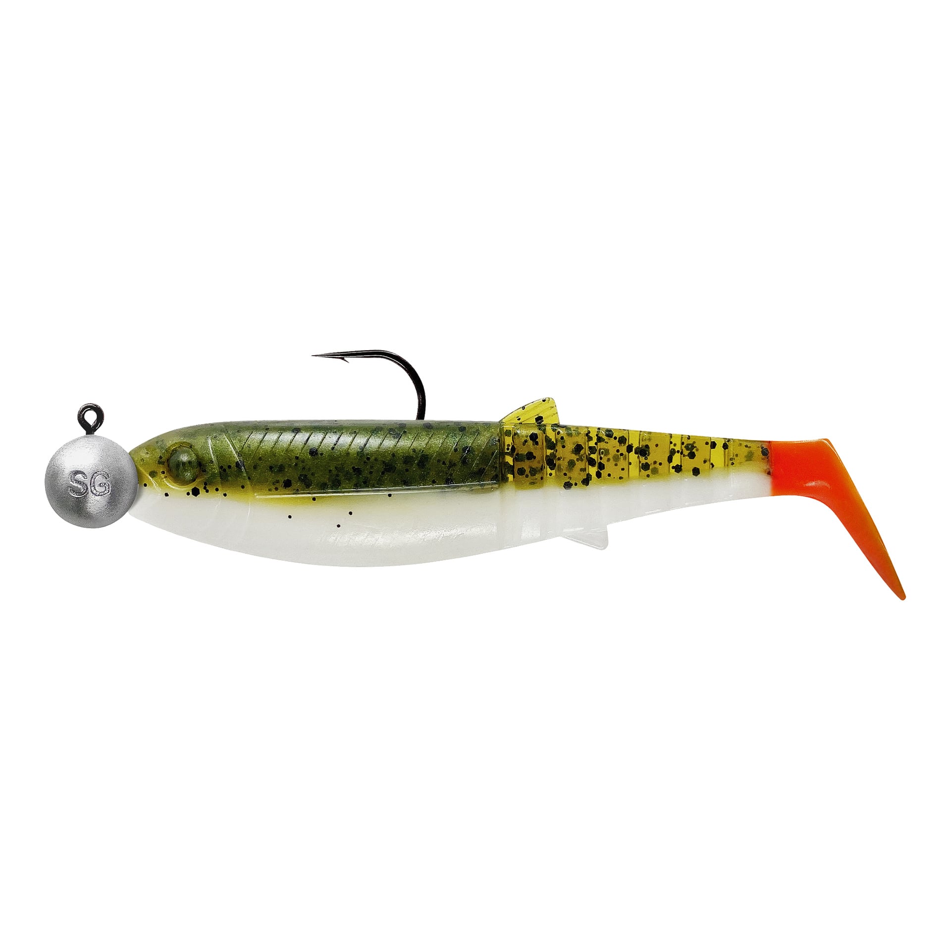 Fyra Savage Gear Cannibal Shad-beten med grönsvarta prickiga ryggar, vita magar, orange svansar och silverfärgade "SG"-jigghuvuden.