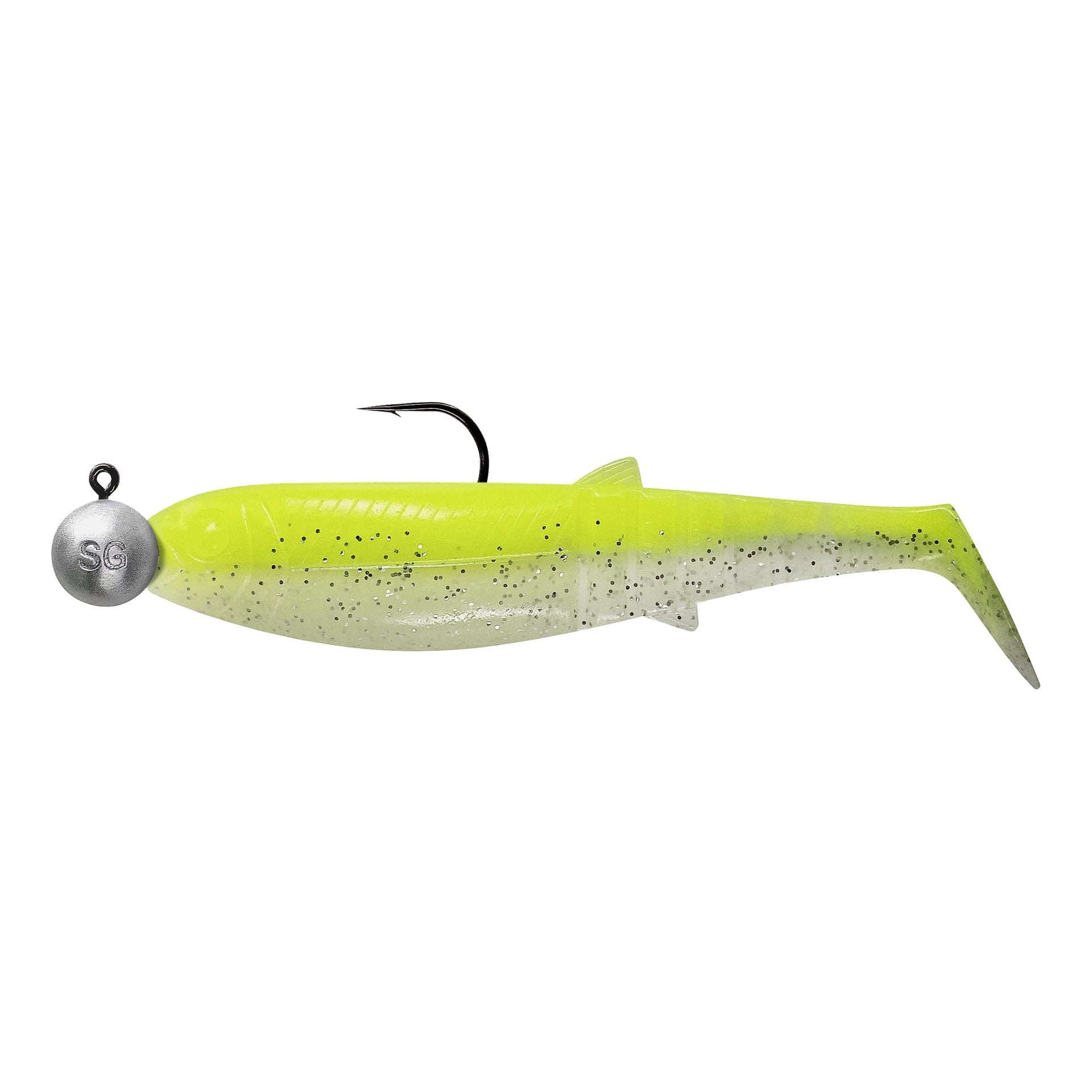 Set med fyra Savage Gear Cannibal Shad mjuka beten i chartreuse och vita med svarta prickar, var och en på jigghuvuden märkt SG.