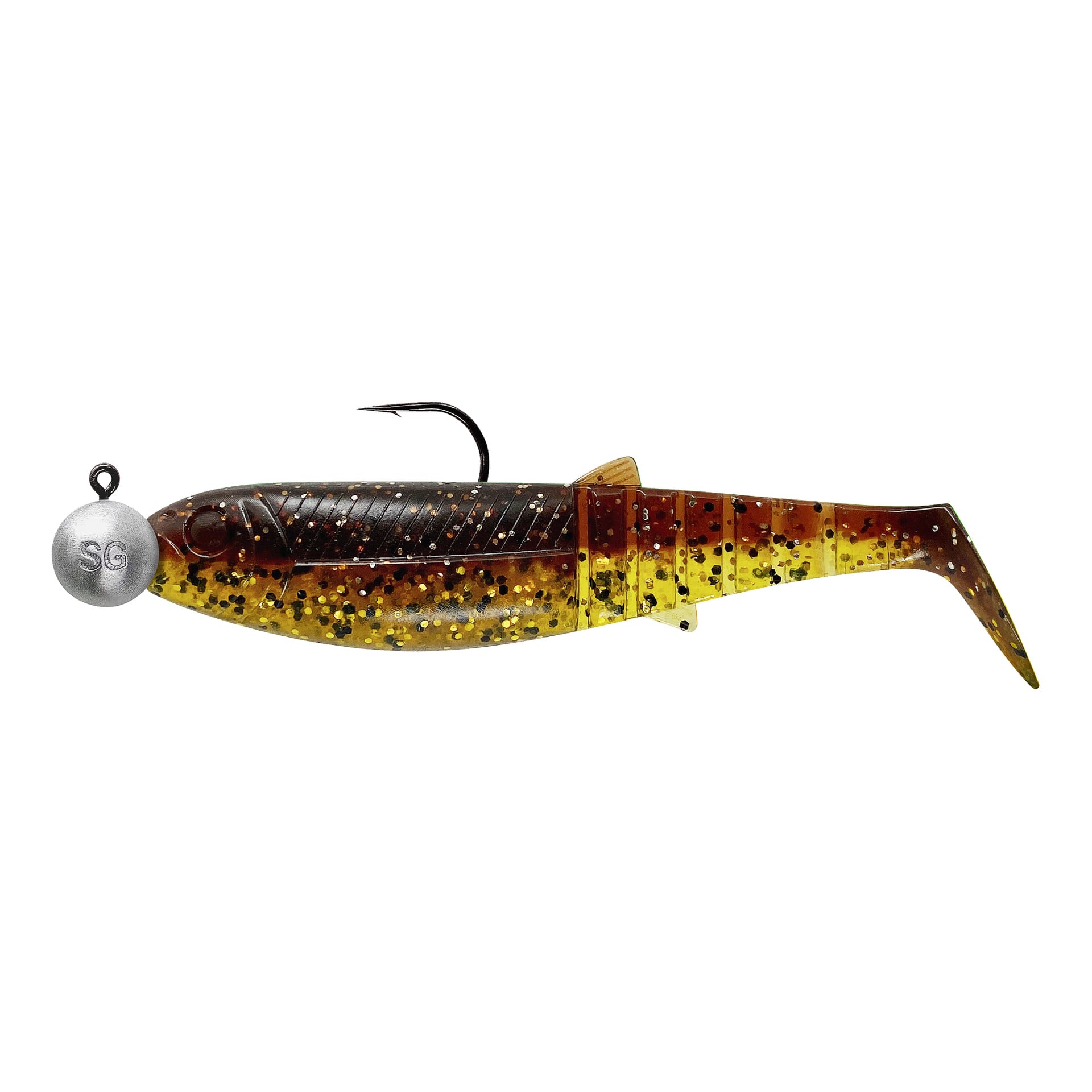 Set med 4 mjuka bete från Savage Gear, fiskformade med brungult glitter, krullade stjärtar, ryggfenor, exponerad krok och SG-sänka framtill.
