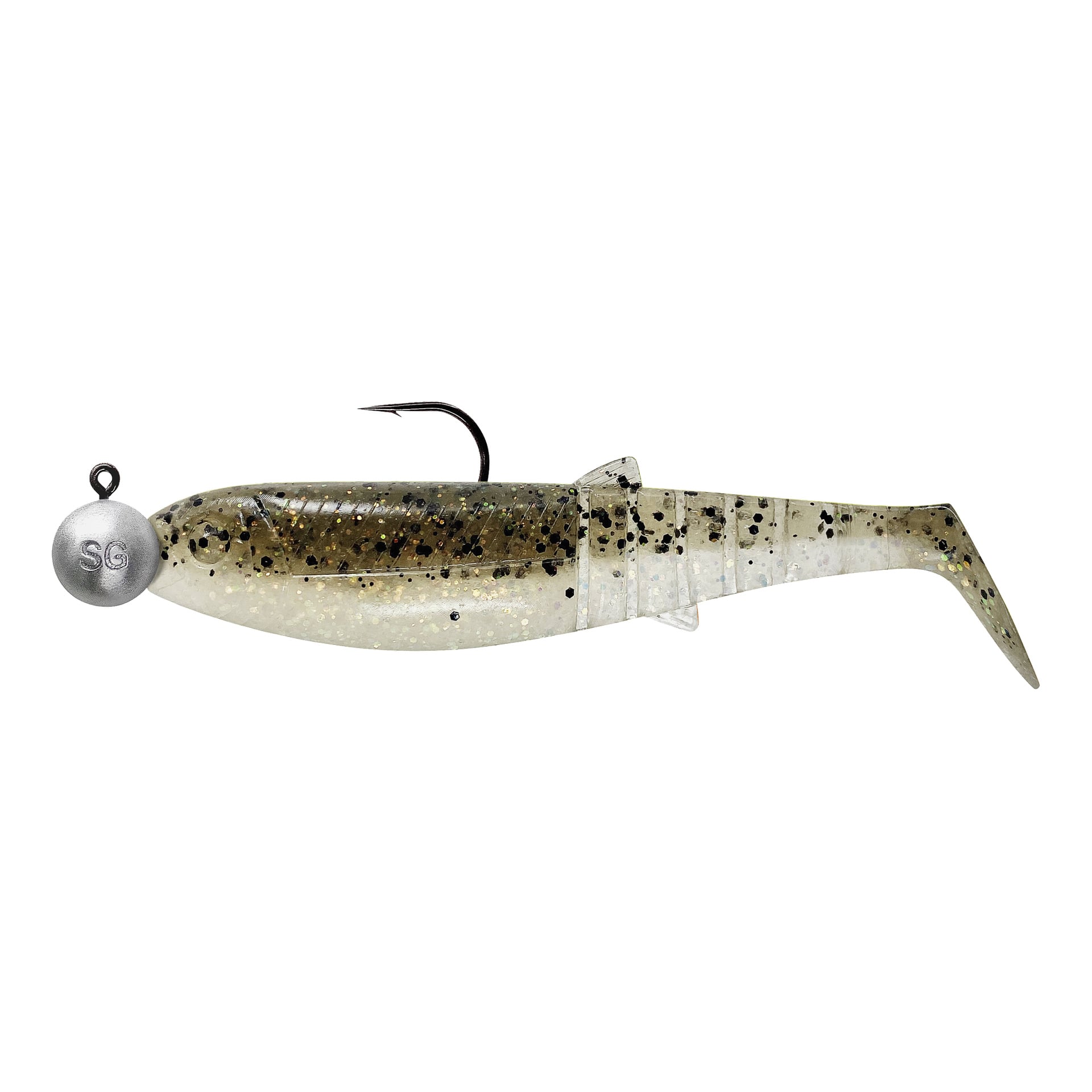 Savage Gear Cannibal Shad Mix 4-pack: mjuka plastfiskbeten med fläckiga bruna och vita kroppar, prickar, svansar, jighuvudkrokar.