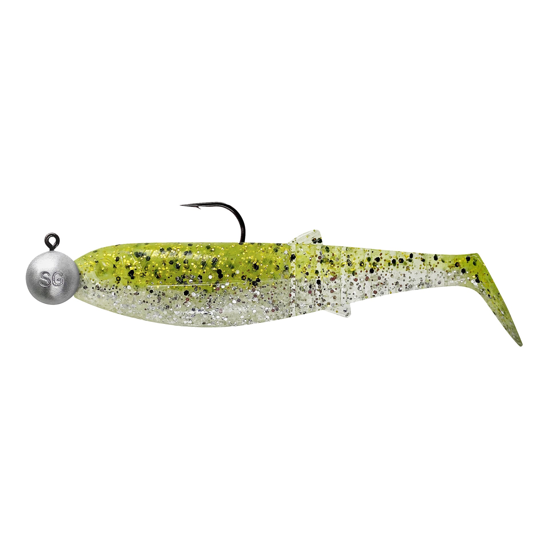 Savage Gear Cannibal Shad Mix 4-packet innehåller fiskformade gummibeten med grön-silverglittret, toppkrokar och SG-märkta vikter.