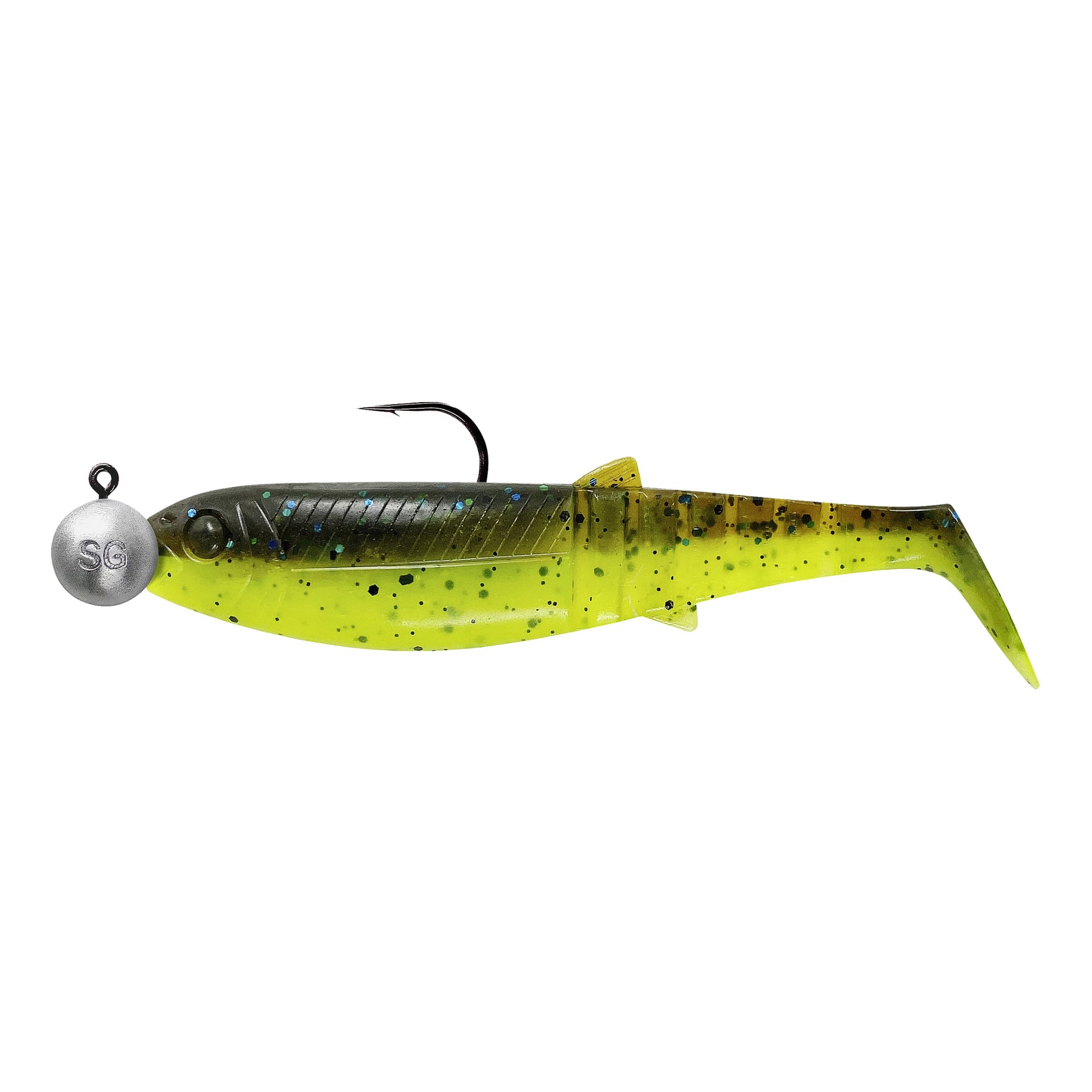 Savage Gear Cannibal Shad Mix-paket med fyra gröna och gula fiskliknande drag, svarta fläckar, toppkrokar och silverfärgade SG-jigghuvuden.