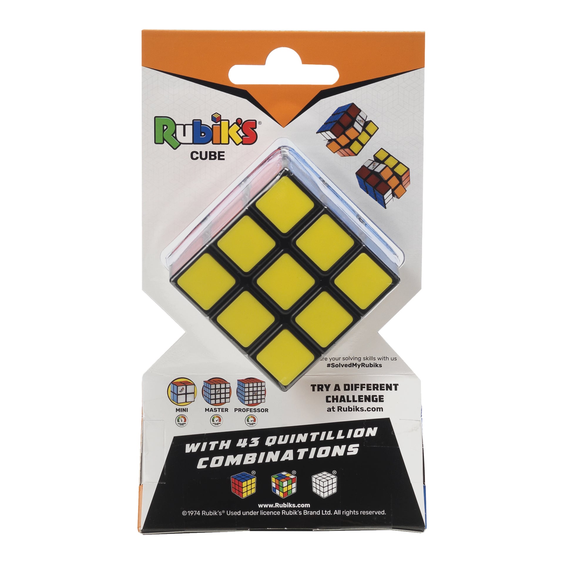 Packade Rubiks kub med gula rutor fram, logotyp, kubbilder och text med cirka 43 kvintillioner kombinationer och en ny utmaning.