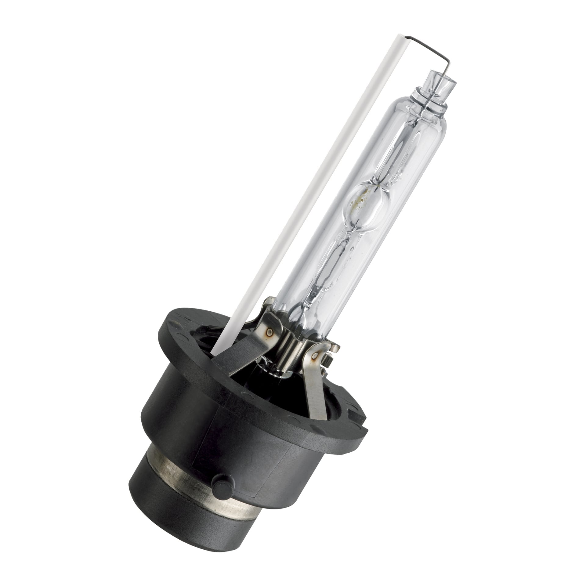 Zbliżenie na żarówkę samochodowej reflektora Philips Xenon Vision D2S, z przezroczystą szklaną rurką i czarną plastikową podstawą.