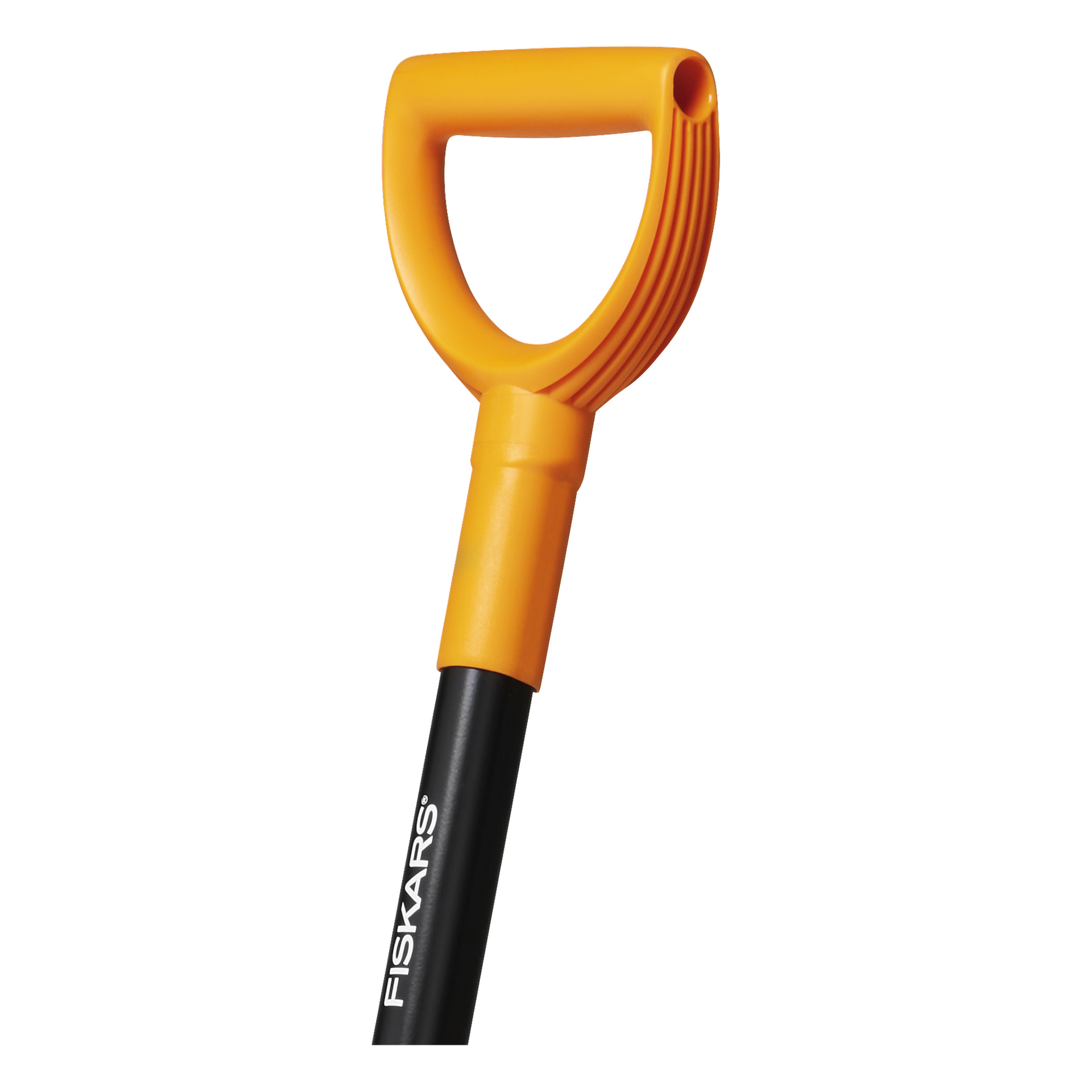 Nærbilde av et Fiskars Snow shovel Solid-håndtak, som viser det D-formede oransje grepet og svarte skaftet med den hvite Fiskars-logoen.